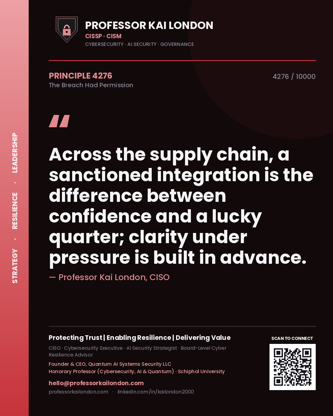 Quote card by Professor Kai London reading 'Across the supply chain, a sanctioned integration is the difference between confidence and a lucky quarter; clarity under pressure is built in advance.'. From the book The Breach Had Permission.