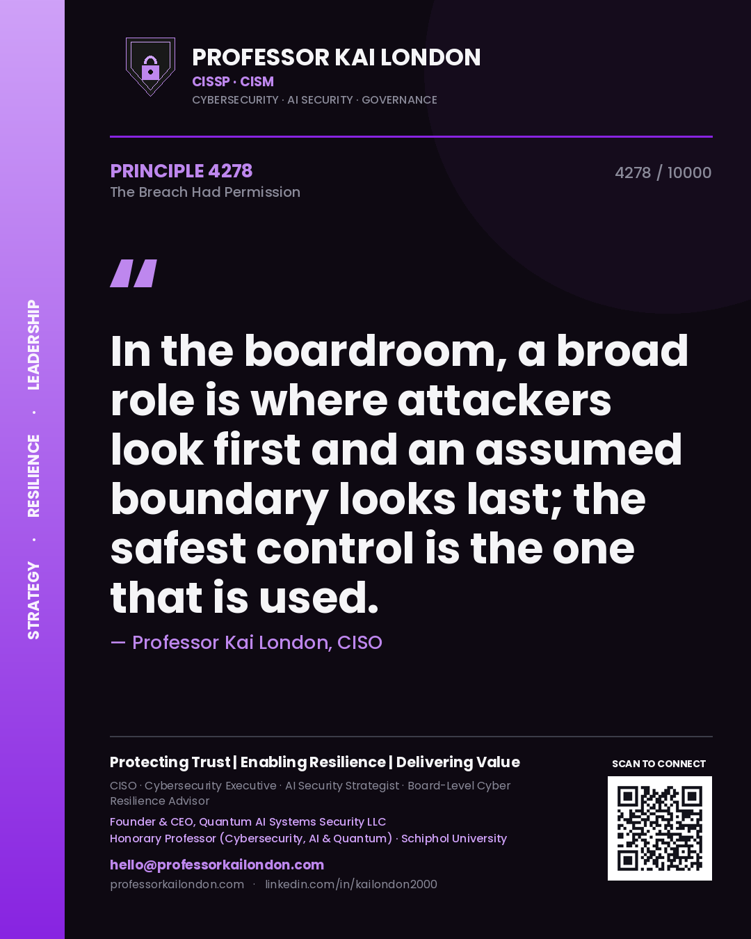 Professor Kai London principle 4278: In the boardroom, a broad role is where attackers look first and an assumed boundary looks last; the safest control is the one that is used.