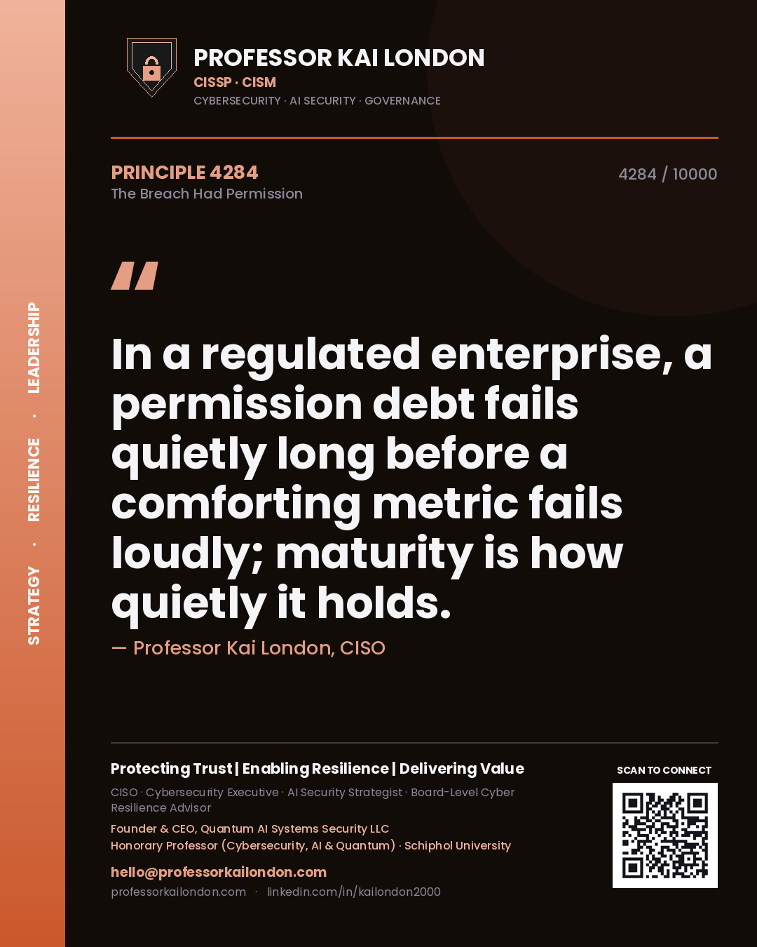 Quote card by Professor Kai London reading 'In a regulated enterprise, a permission debt fails quietly long before a comforting metric fails loudly; maturity is how quietly it holds.'. From the book The Breach Had Permission.
