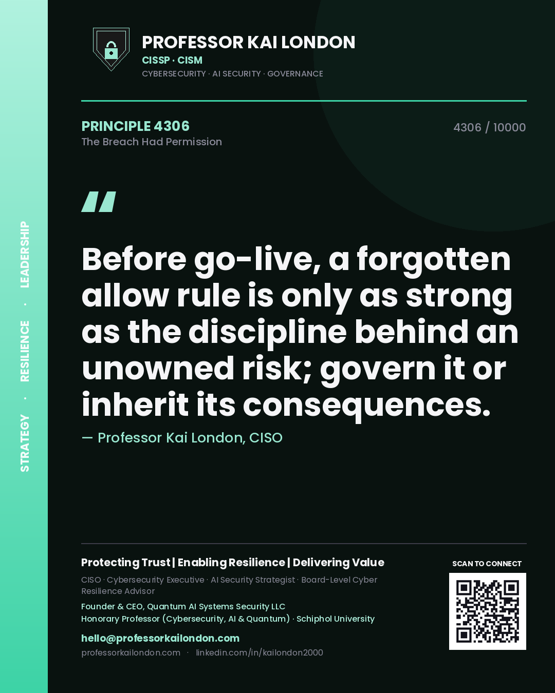 Quote card by Professor Kai London reading 'Before go-live, a forgotten allow rule is only as strong as the discipline behind an unowned risk; govern it or inherit its consequences.'. From the book The Breach Had Permission.