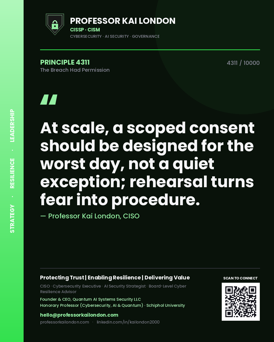 Quote card by Professor Kai London reading 'At scale, a scoped consent should be designed for the worst day, not a quiet exception; rehearsal turns fear into procedure.'. From the book The Breach Had Permission.