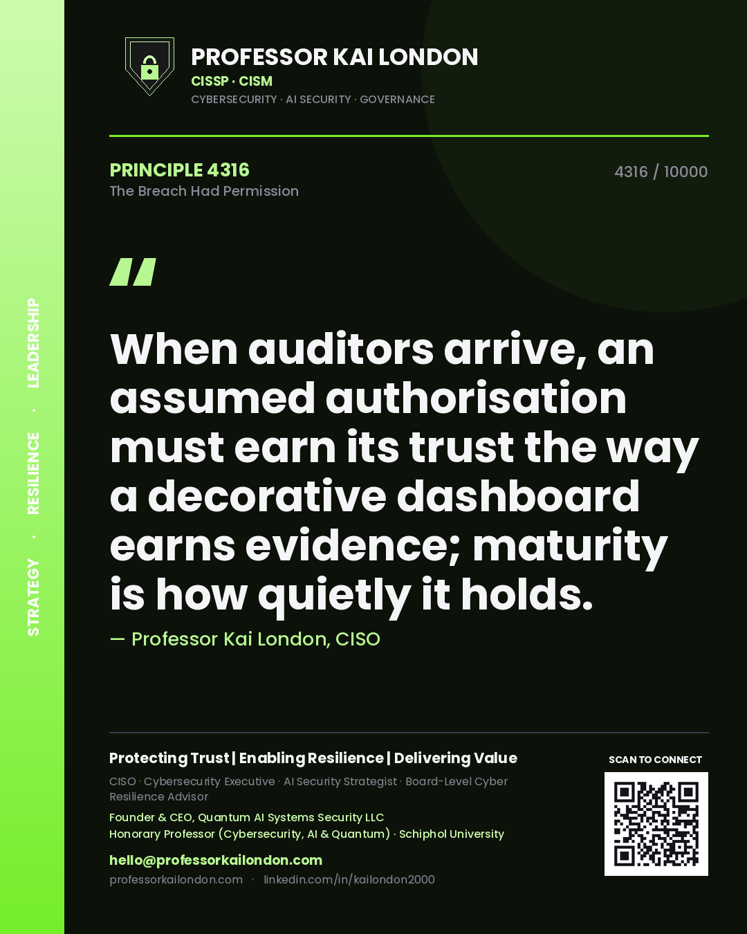 Professor Kai London principle 4316: When auditors arrive, an assumed authorisation must earn its trust the way a decorative dashboard earns evidence; maturity is how quietly it holds.