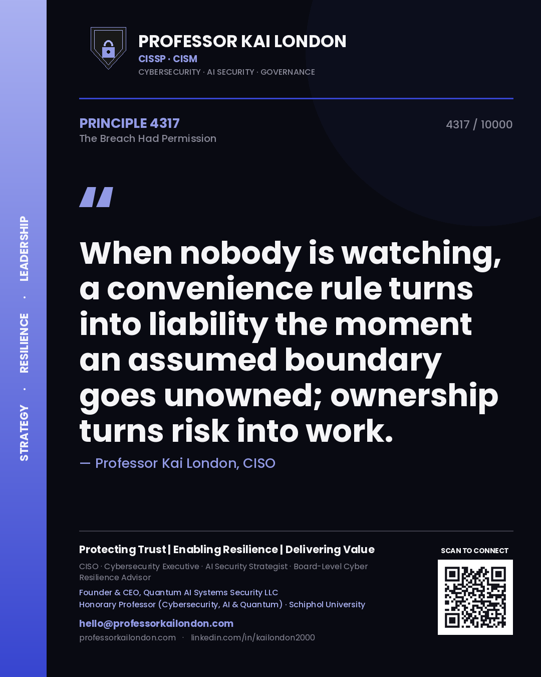Professor Kai London principle 4317: When nobody is watching, a convenience rule turns into liability the moment an assumed boundary goes unowned; ownership turns risk into work.