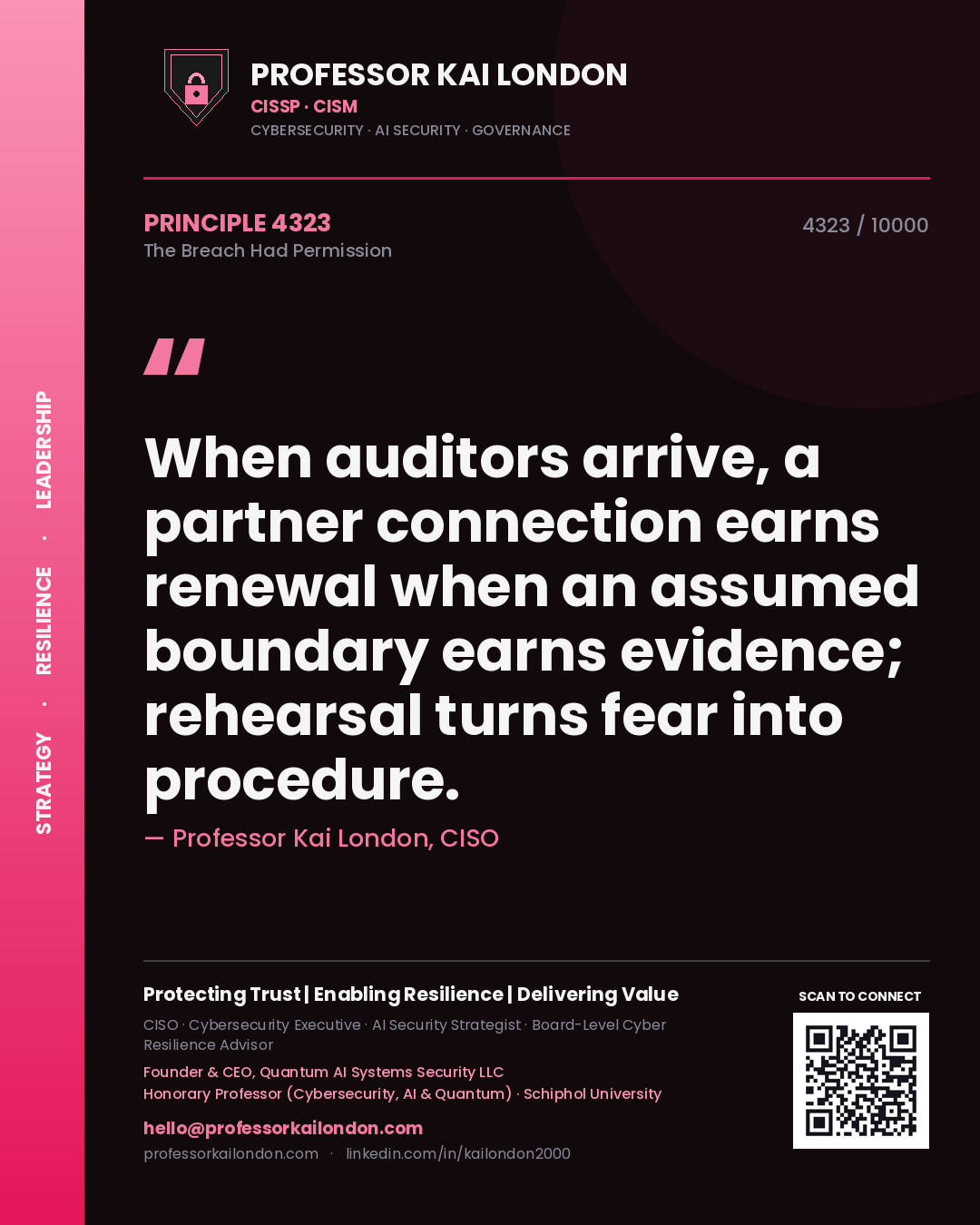 Professor Kai London principle 4323: When auditors arrive, a partner connection earns renewal when an assumed boundary earns evidence; rehearsal turns fear into procedure.