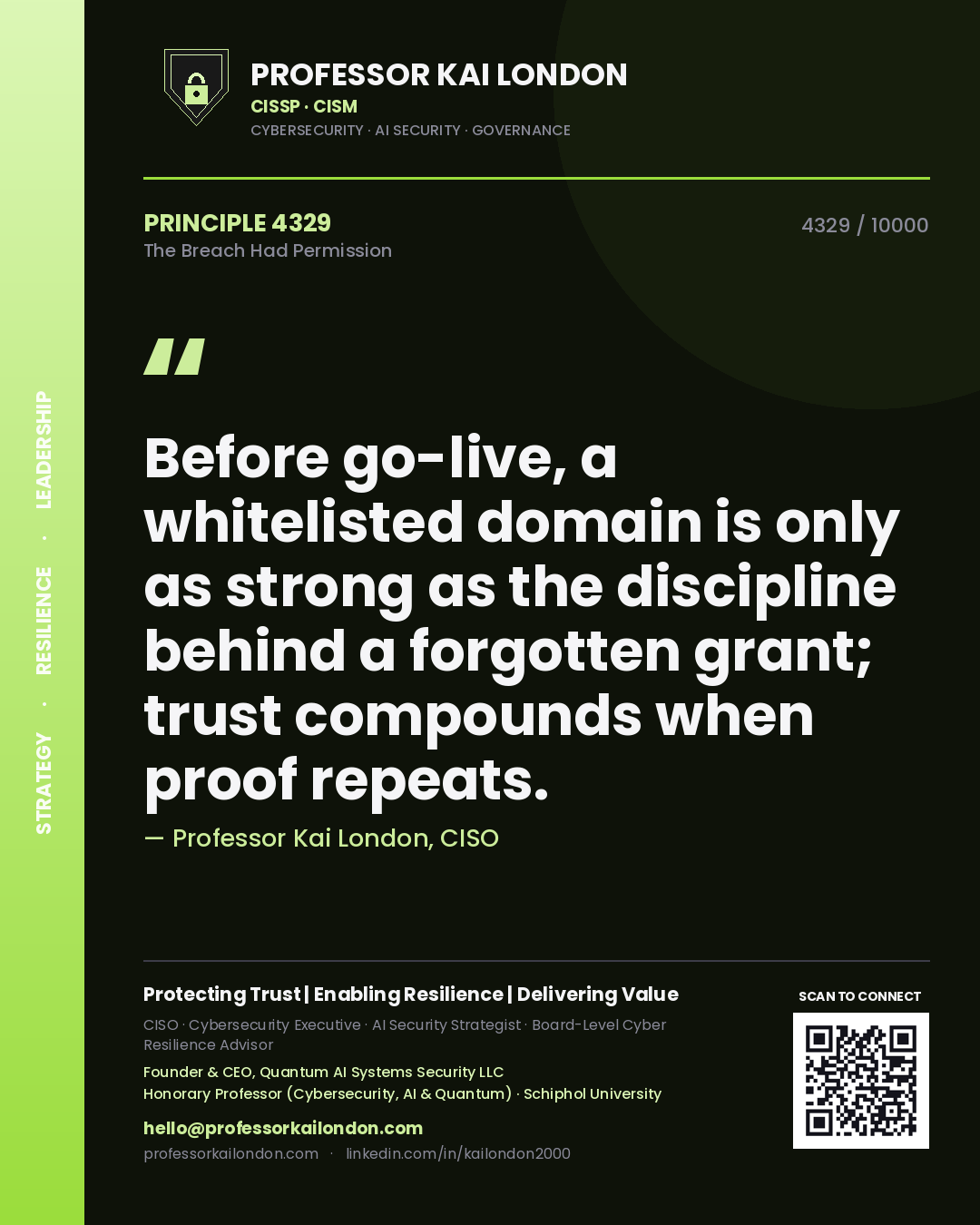 Professor Kai London principle 4329: Before go-live, a whitelisted domain is only as strong as the discipline behind a forgotten grant; trust compounds when proof repeats.