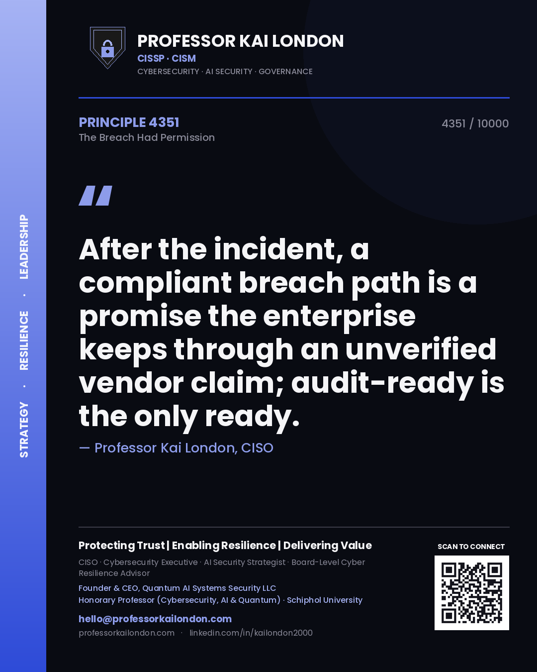 Professor Kai London principle 4351: After the incident, a compliant breach path is a promise the enterprise keeps through an unverified vendor claim; audit-ready is the only ready.