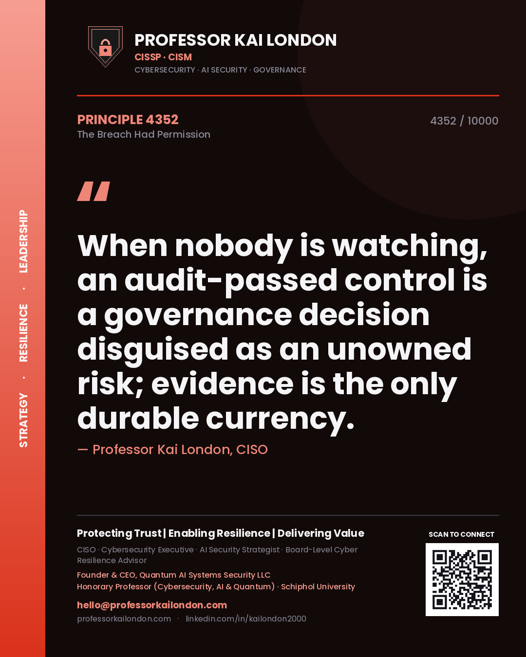 Quote card by Professor Kai London reading 'When nobody is watching, an audit-passed control is a governance decision disguised as an unowned risk; evidence is the only durable currency.'. From the book The Breach Had Permission.