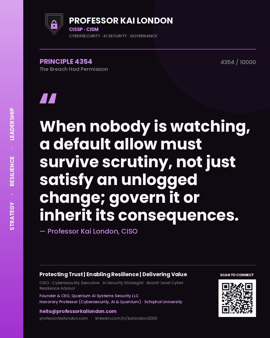 Quote card by Professor Kai London reading 'When nobody is watching, a default allow must survive scrutiny, not just satisfy an unlogged change; govern it or inherit its consequences.'. From the book The Breach Had Permission.