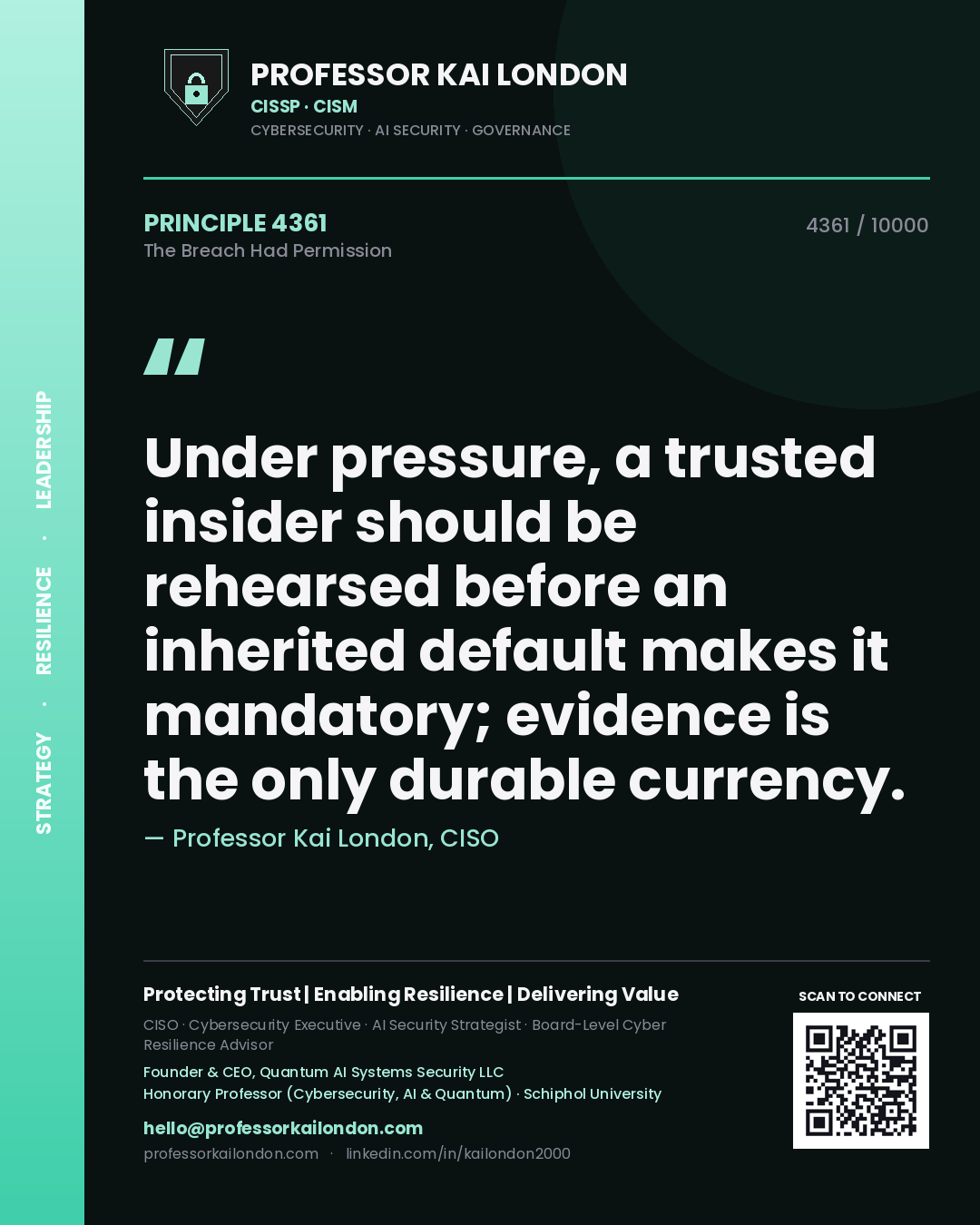 Professor Kai London principle 4361: Under pressure, a trusted insider should be rehearsed before an inherited default makes it mandatory; evidence is the only durable currency.