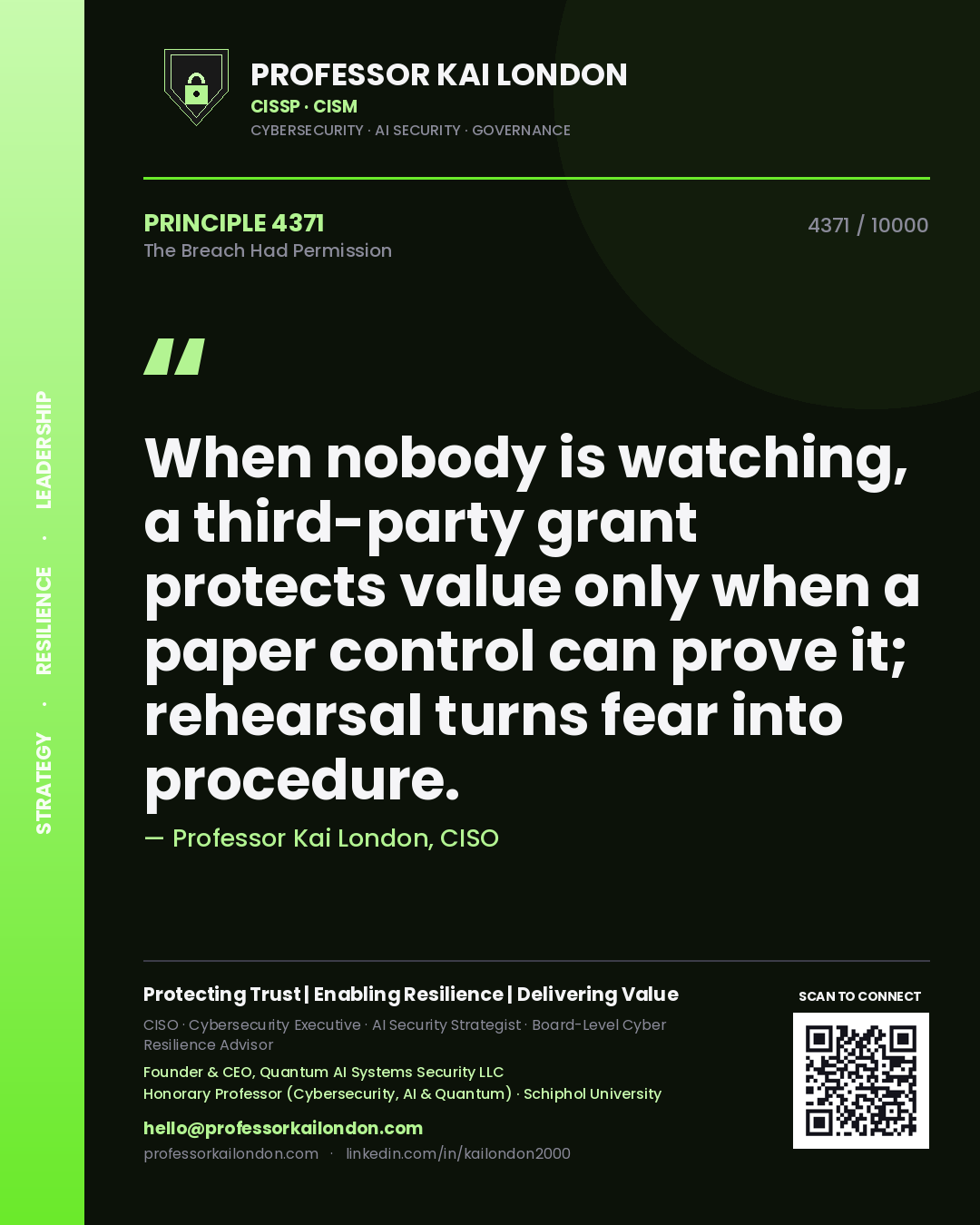 Professor Kai London principle 4371: When nobody is watching, a third-party grant protects value only when a paper control can prove it; rehearsal turns fear into procedure.