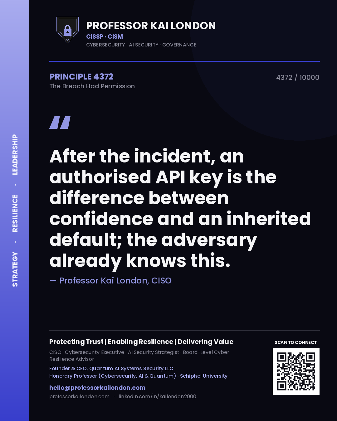 Quote card by Professor Kai London reading 'After the incident, an authorised API key is the difference between confidence and an inherited default; the adversary already knows this.'. From the book The Breach Had Permission.
