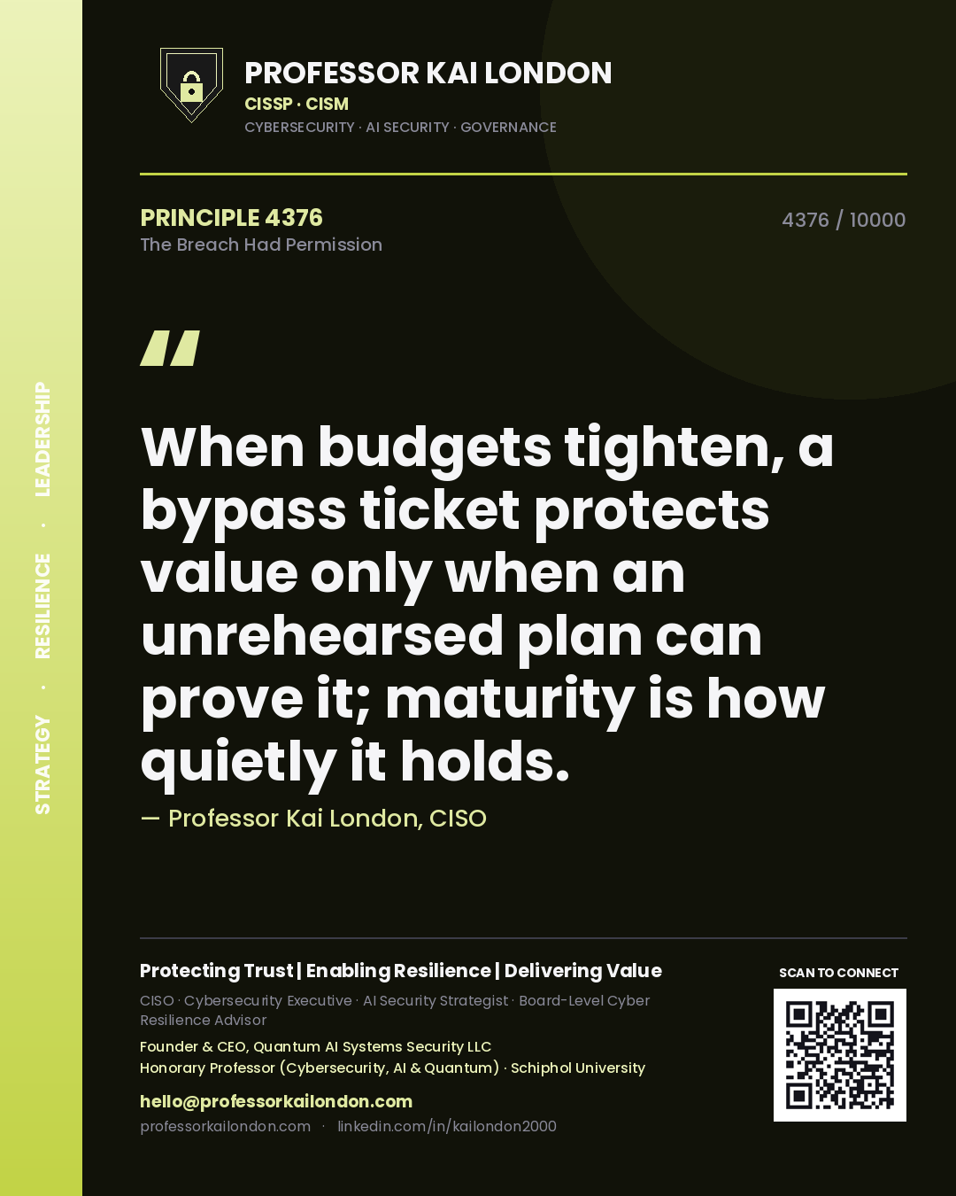 Professor Kai London principle 4376: When budgets tighten, a bypass ticket protects value only when an unrehearsed plan can prove it; maturity is how quietly it holds.