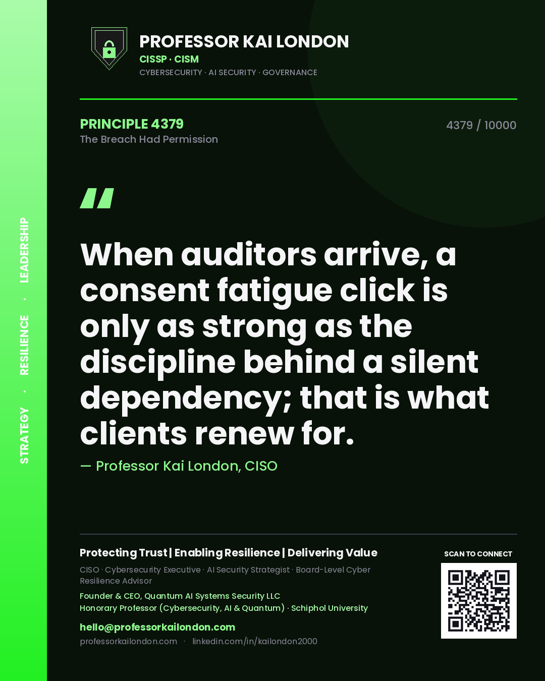 Professor Kai London principle 4379: When auditors arrive, a consent fatigue click is only as strong as the discipline behind a silent dependency; that is what clients renew for.