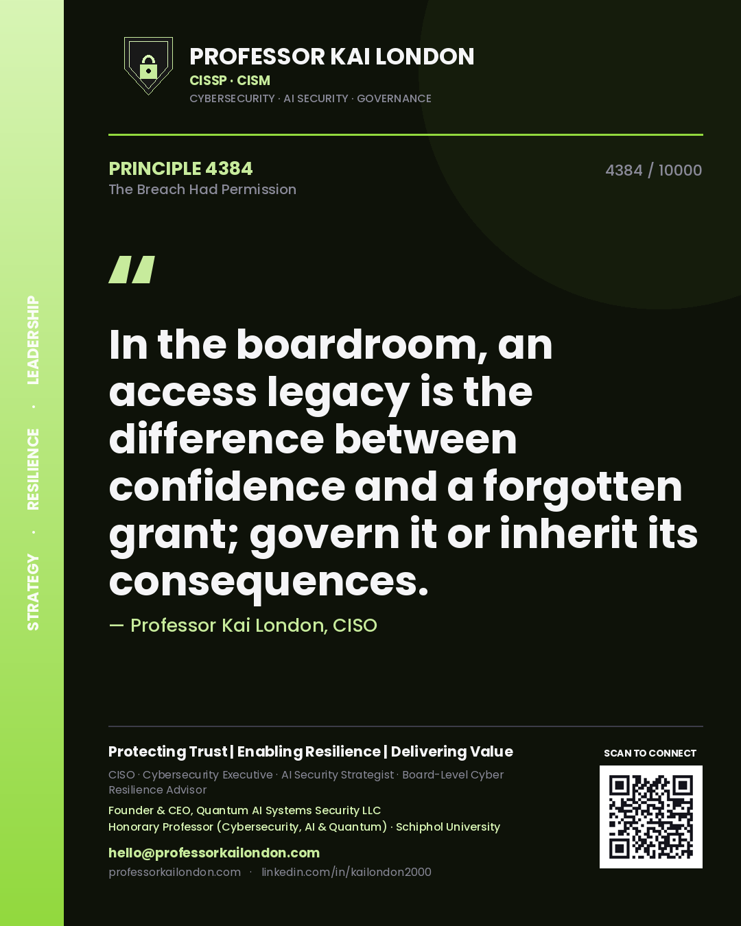 Quote card by Professor Kai London reading 'In the boardroom, an access legacy is the difference between confidence and a forgotten grant; govern it or inherit its consequences.'. From the book The Breach Had Permission.