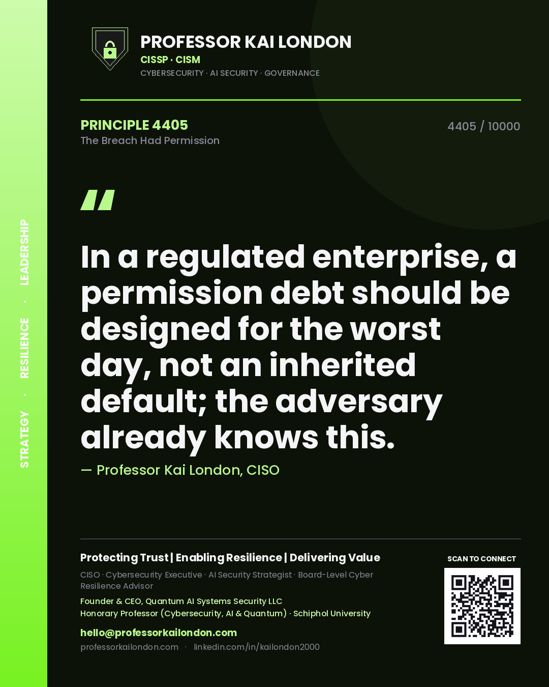 Quote card by Professor Kai London reading 'In a regulated enterprise, a permission debt should be designed for the worst day, not an inherited default; the adversary already knows this.'. From the book The Breach Had Permission.
