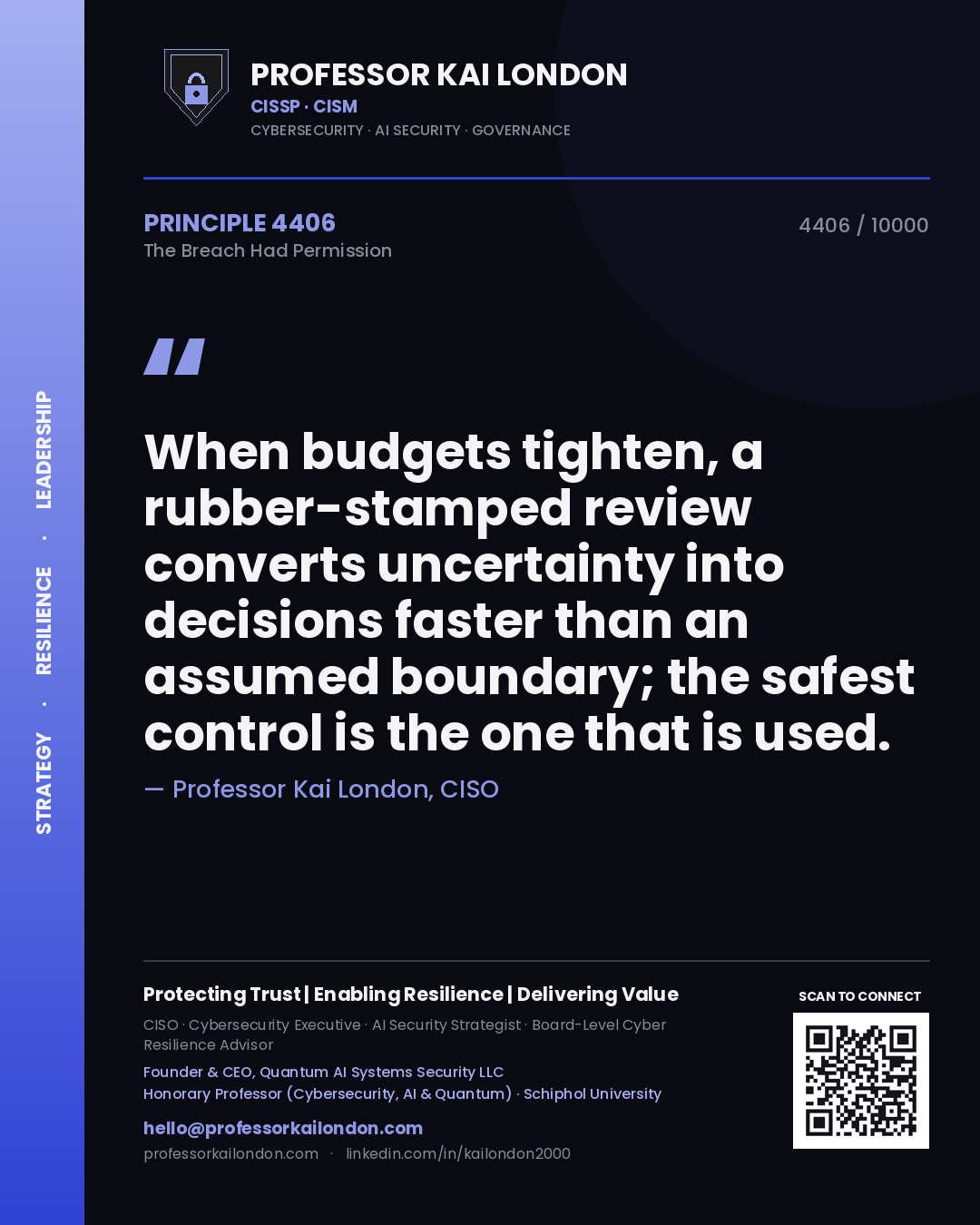 Quote card by Professor Kai London reading 'When budgets tighten, a rubber-stamped review converts uncertainty into decisions faster than an assumed boundary; the safest control is the one that is used.'. From the book The Breach Had Permission.