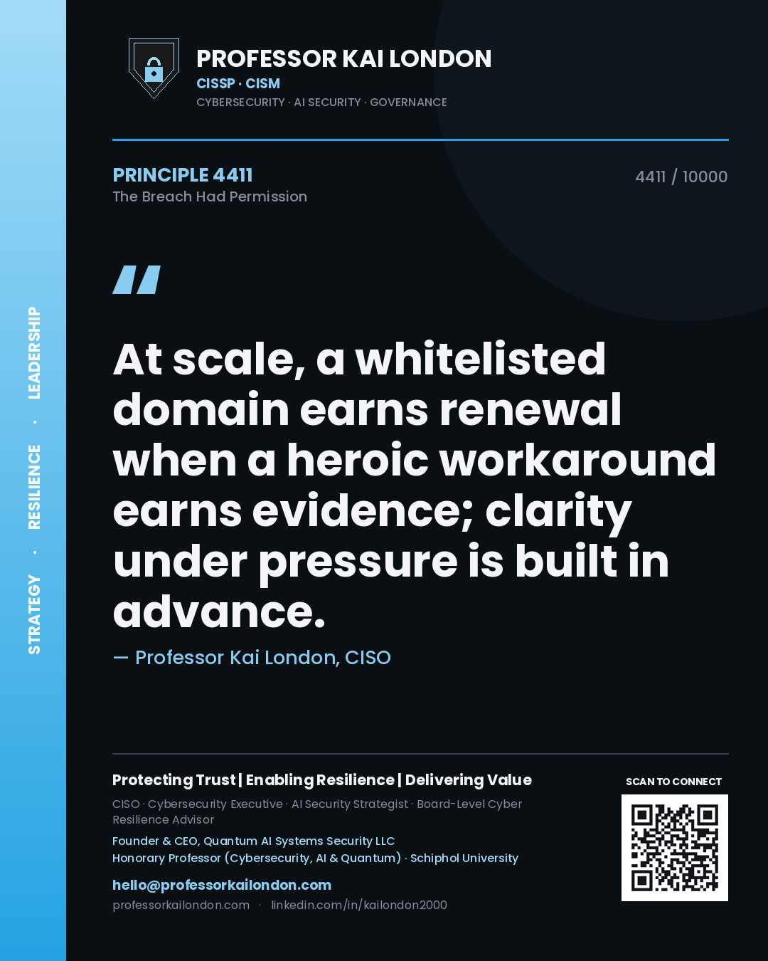 Professor Kai London principle 4411: At scale, a whitelisted domain earns renewal when a heroic workaround earns evidence; clarity under pressure is built in advance.