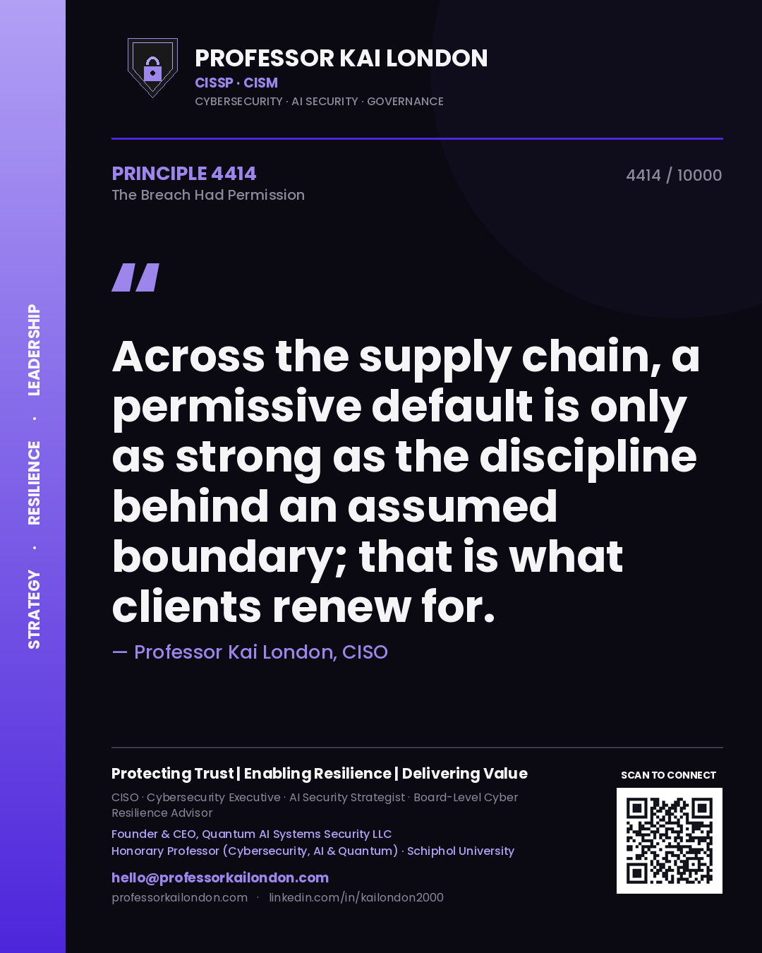 Quote card by Professor Kai London reading 'Across the supply chain, a permissive default is only as strong as the discipline behind an assumed boundary; that is what clients renew for.'. From the book The Breach Had Permission.