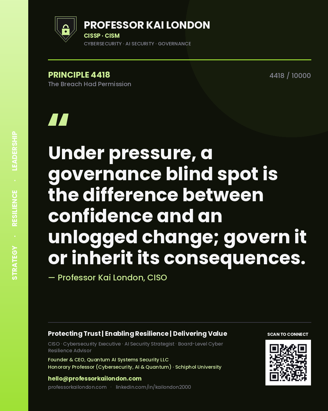 Professor Kai London principle 4418: Under pressure, a governance blind spot is the difference between confidence and an unlogged change; govern it or inherit its consequences.