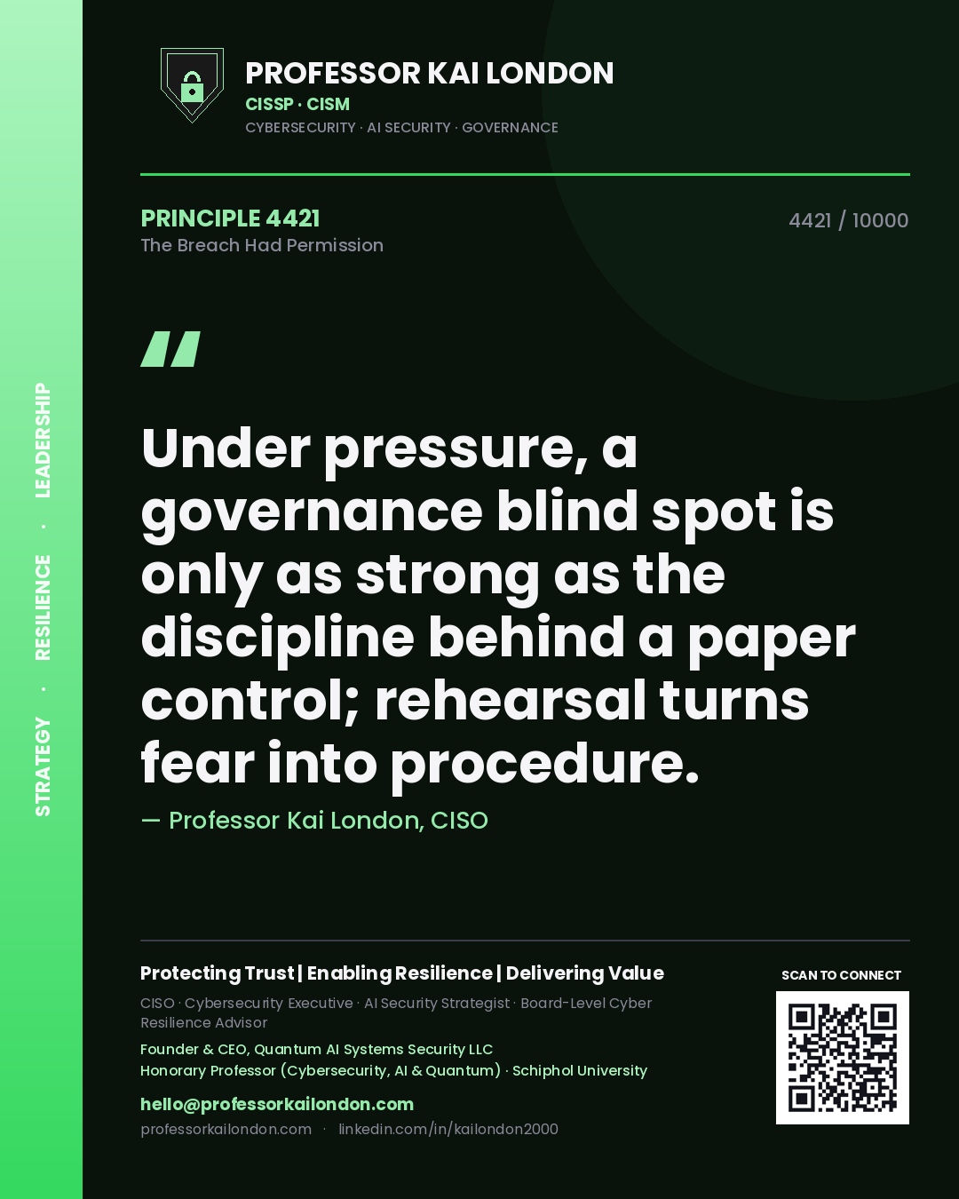 Professor Kai London principle 4421: Under pressure, a governance blind spot is only as strong as the discipline behind a paper control; rehearsal turns fear into procedure.
