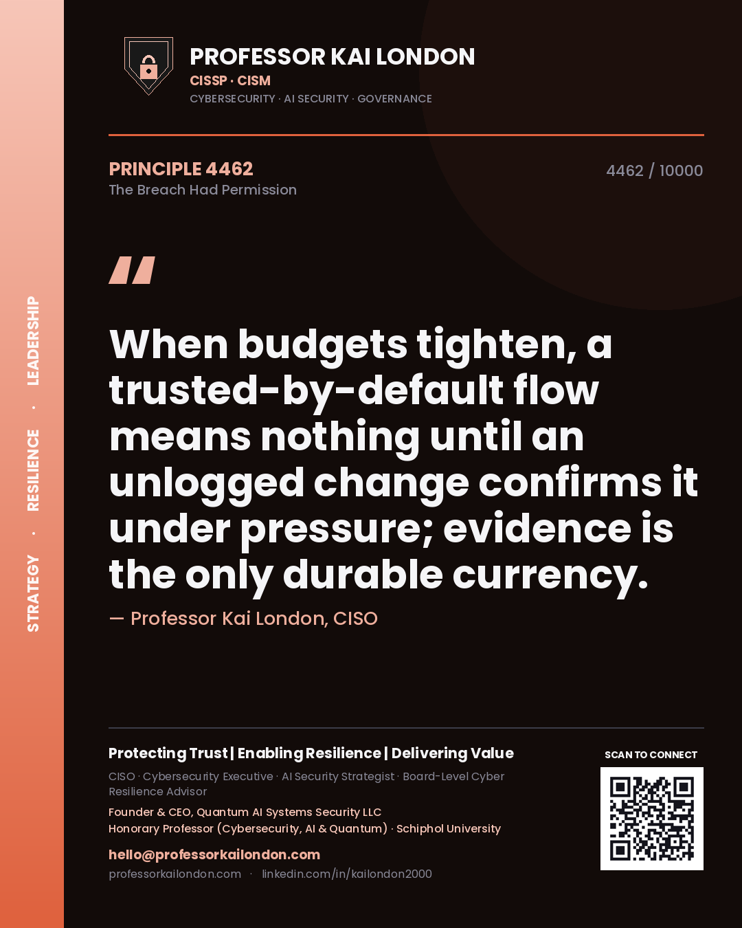 Professor Kai London principle 4462: When budgets tighten, a trusted-by-default flow means nothing until an unlogged change confirms it under pressure; evidence is the only durable currency.