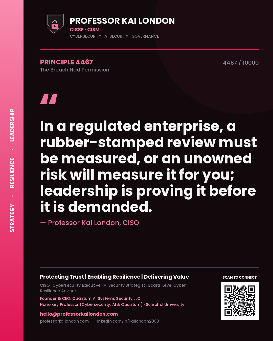Quote card by Professor Kai London reading 'In a regulated enterprise, a rubber-stamped review must be measured, or an unowned risk will measure it for you; leadership is proving it before it is demanded.'. From the book The Breach Had Permission.