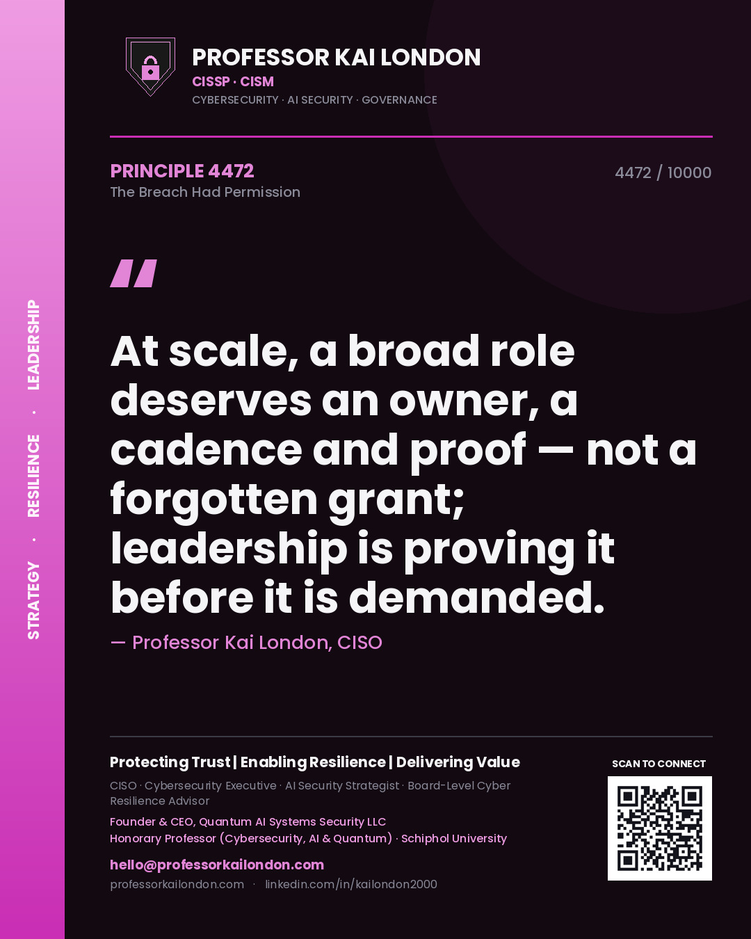 Quote card by Professor Kai London reading 'At scale, a broad role deserves an owner, a cadence and proof — not a forgotten grant; leadership is proving it before it is demanded.'. From the book The Breach Had Permission.