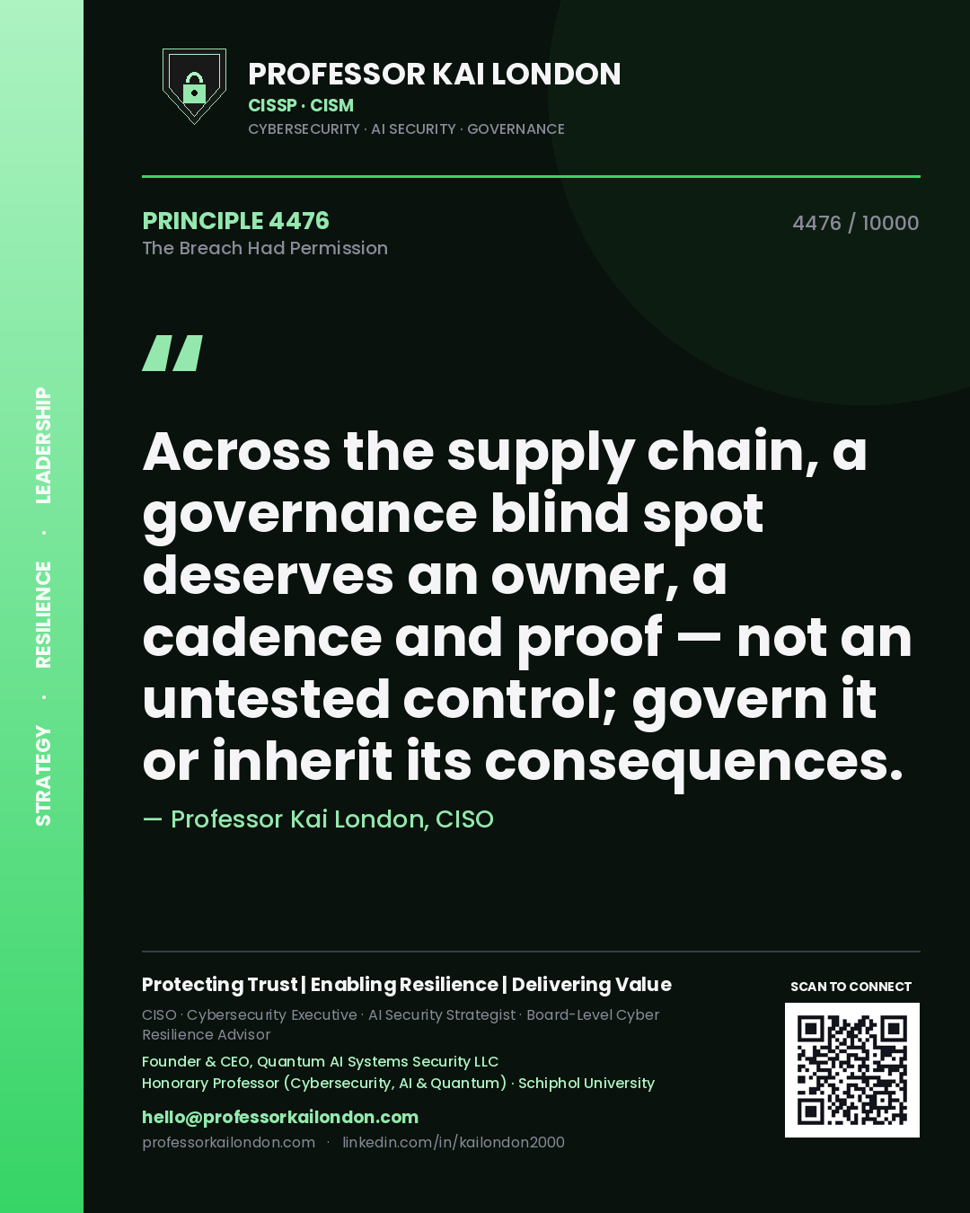 Professor Kai London principle 4476: Across the supply chain, a governance blind spot deserves an owner, a cadence and proof — not an untested control; govern it or inherit its consequences.