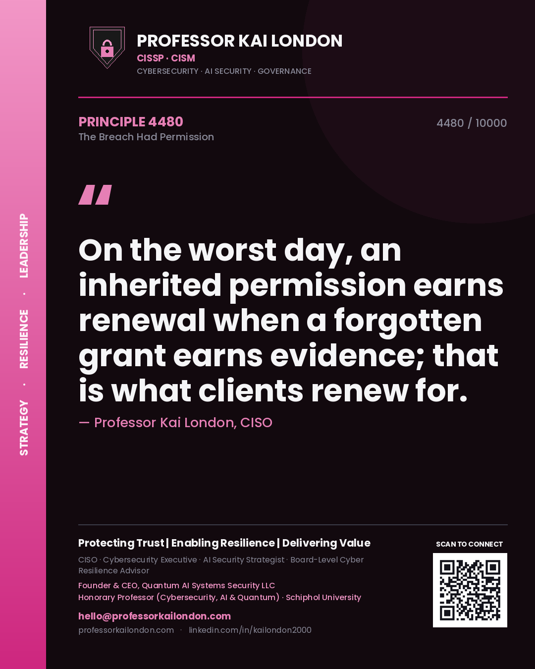 Quote card by Professor Kai London reading 'On the worst day, an inherited permission earns renewal when a forgotten grant earns evidence; that is what clients renew for.'. From the book The Breach Had Permission.
