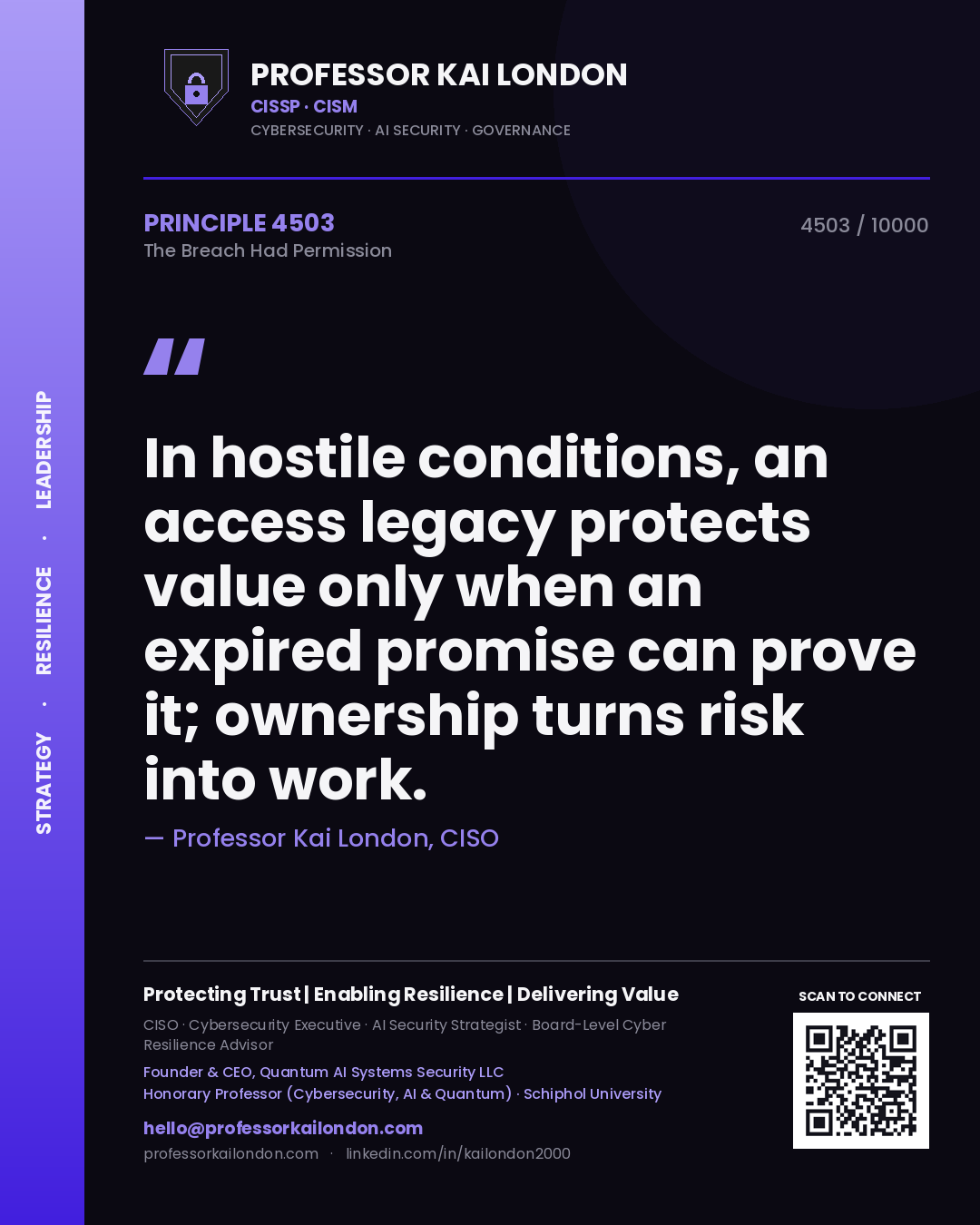 Quote card by Professor Kai London reading 'In hostile conditions, an access legacy protects value only when an expired promise can prove it; ownership turns risk into work.'. From the book The Breach Had Permission.
