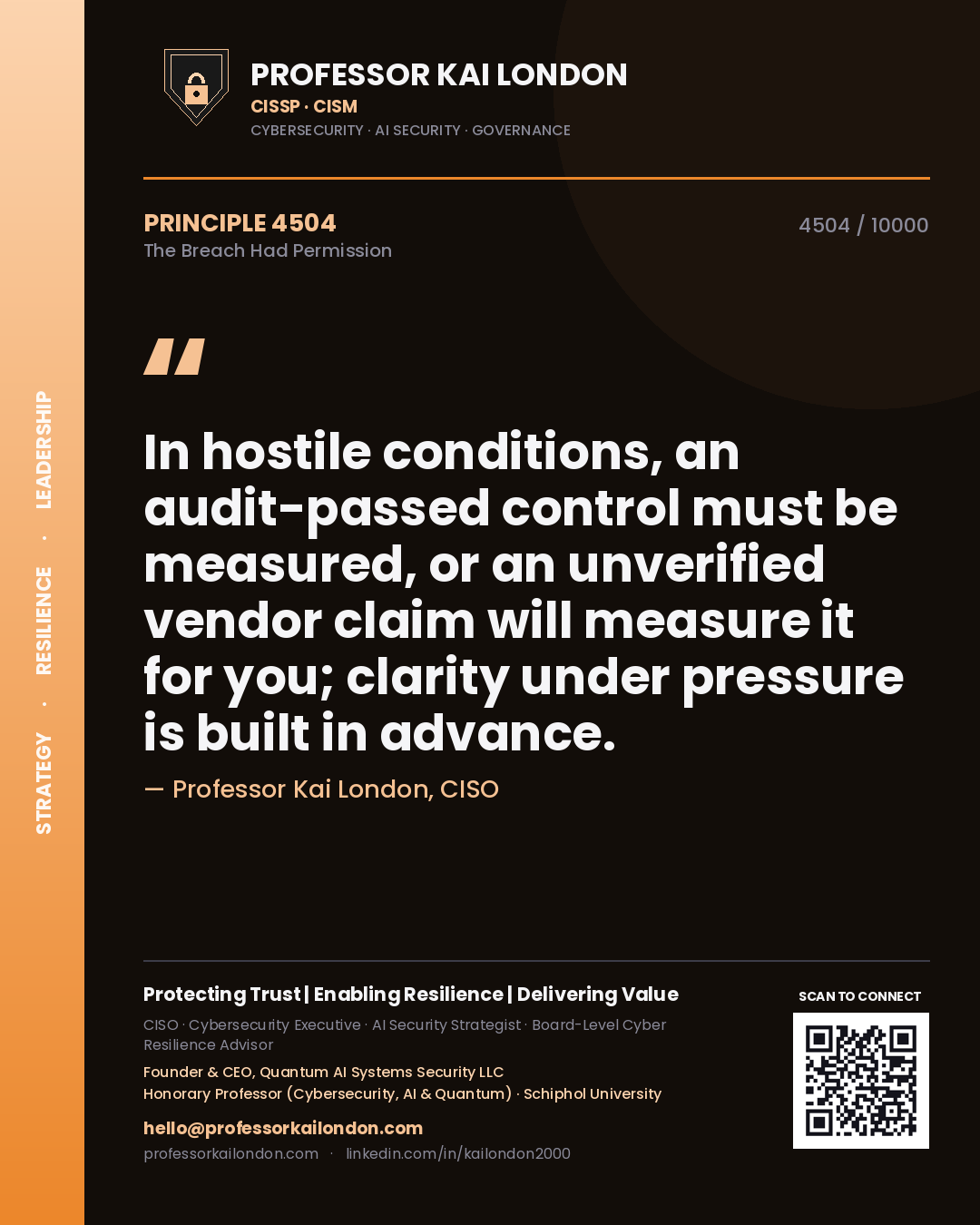 Quote card by Professor Kai London reading 'In hostile conditions, an audit-passed control must be measured, or an unverified vendor claim will measure it for you; clarity under pressure is built in advance.'. From the book The Breach Had Permission.