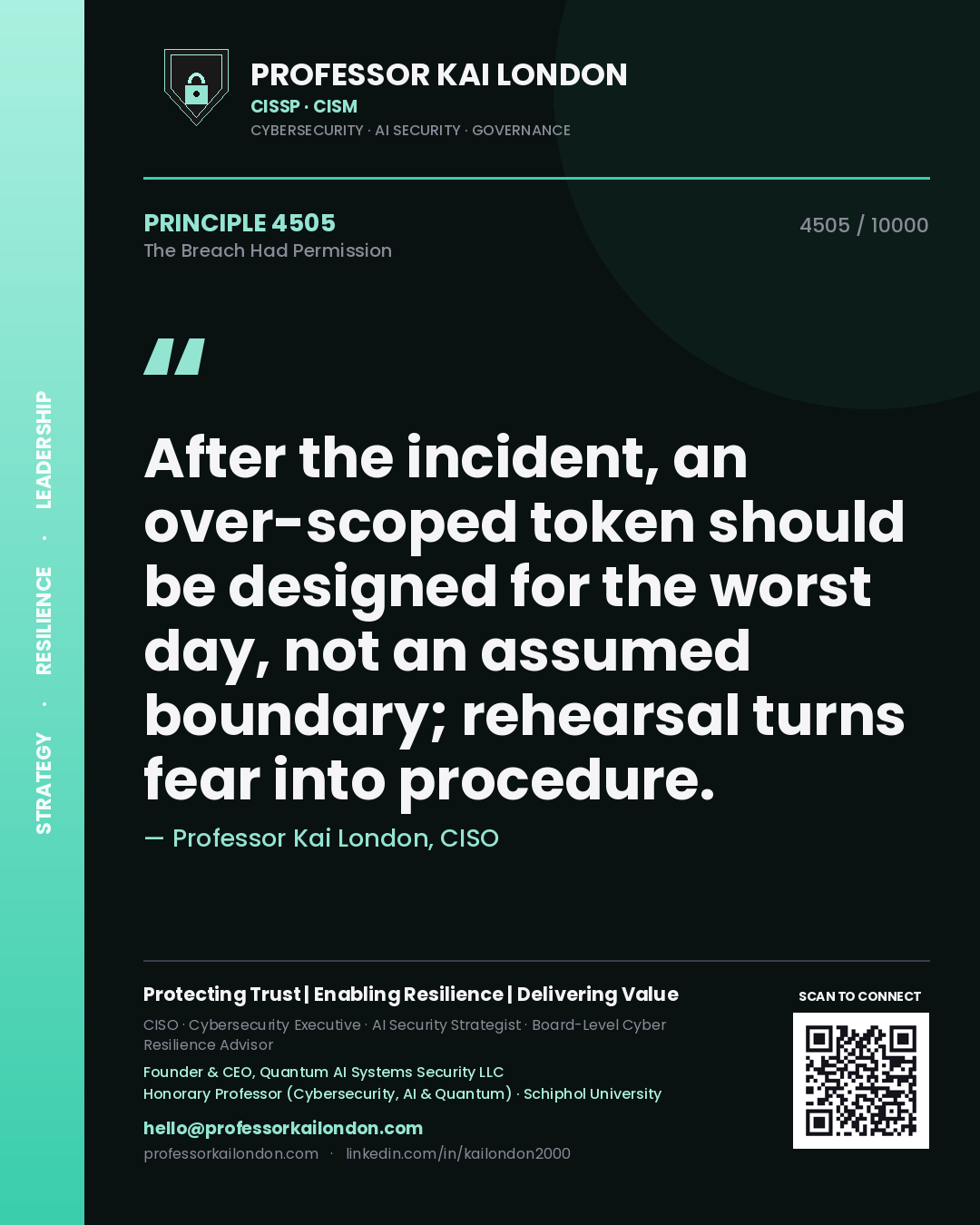 Quote card by Professor Kai London reading 'After the incident, an over-scoped token should be designed for the worst day, not an assumed boundary; rehearsal turns fear into procedure.'. From the book The Breach Had Permission.