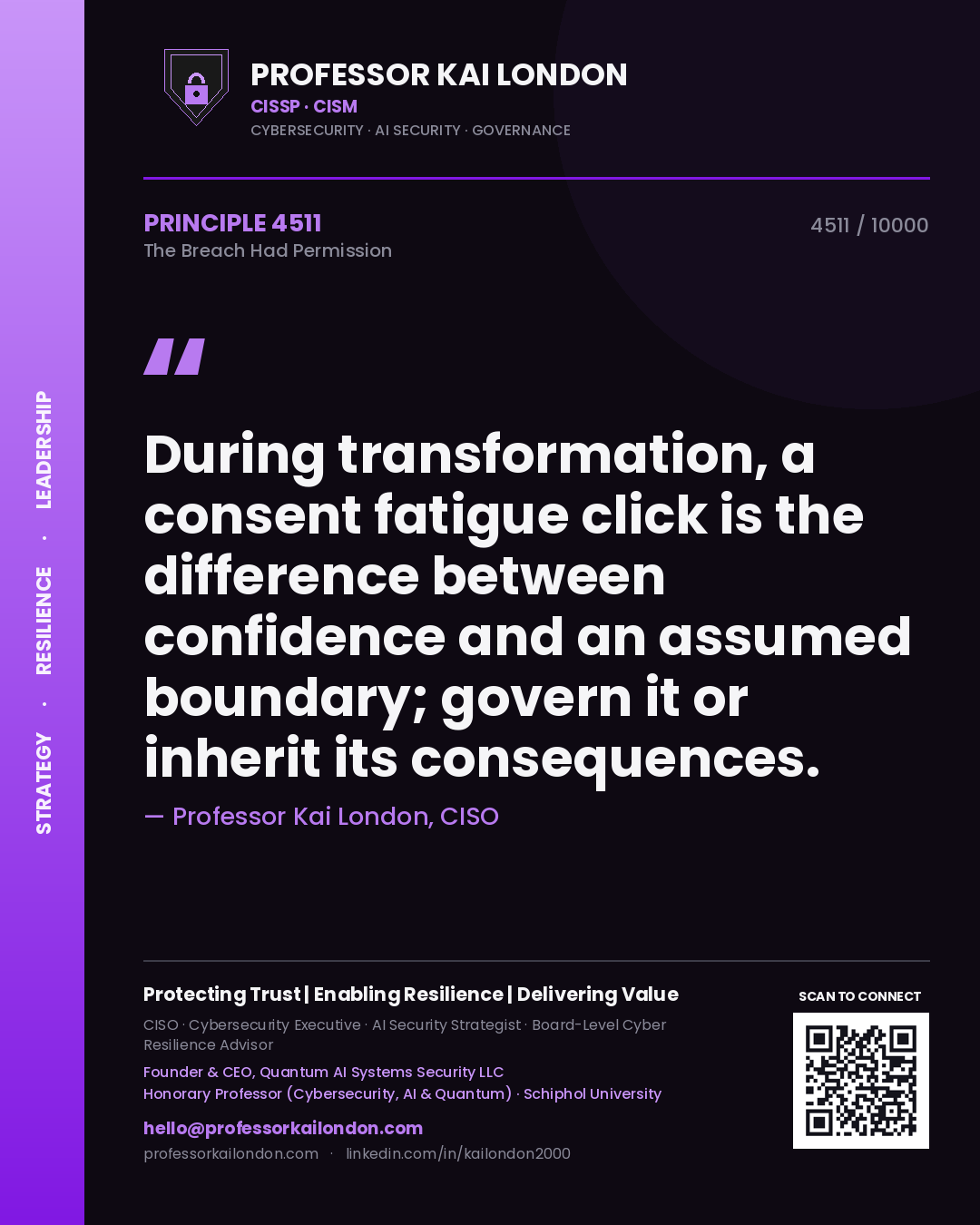 Quote card by Professor Kai London reading 'During transformation, a consent fatigue click is the difference between confidence and an assumed boundary; govern it or inherit its consequences.'. From the book The Breach Had Permission.