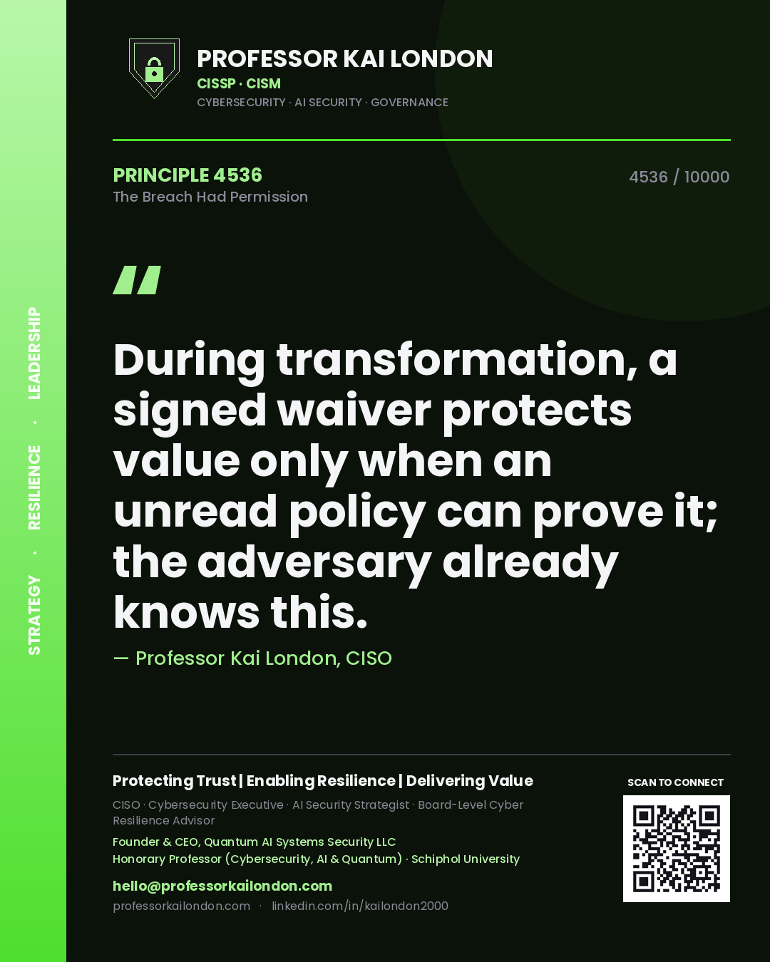 Quote card by Professor Kai London reading 'During transformation, a signed waiver protects value only when an unread policy can prove it; the adversary already knows this.'. From the book The Breach Had Permission.