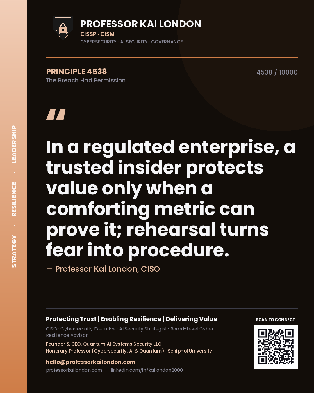 Quote card by Professor Kai London reading 'In a regulated enterprise, a trusted insider protects value only when a comforting metric can prove it; rehearsal turns fear into procedure.'. From the book The Breach Had Permission.