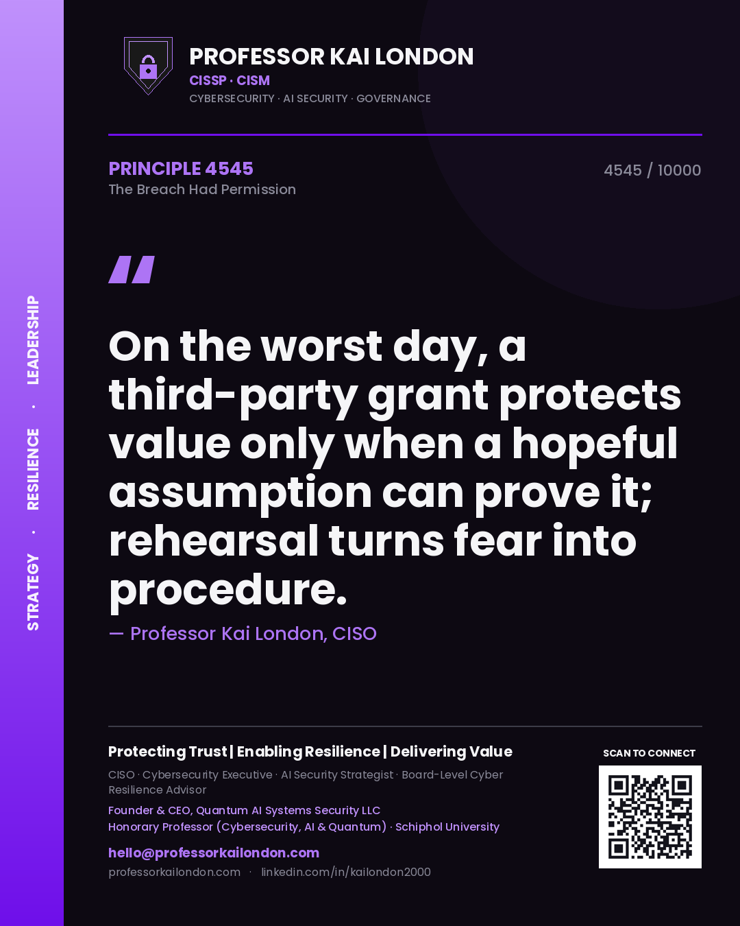 Quote card by Professor Kai London reading 'On the worst day, a third-party grant protects value only when a hopeful assumption can prove it; rehearsal turns fear into procedure.'. From the book The Breach Had Permission.