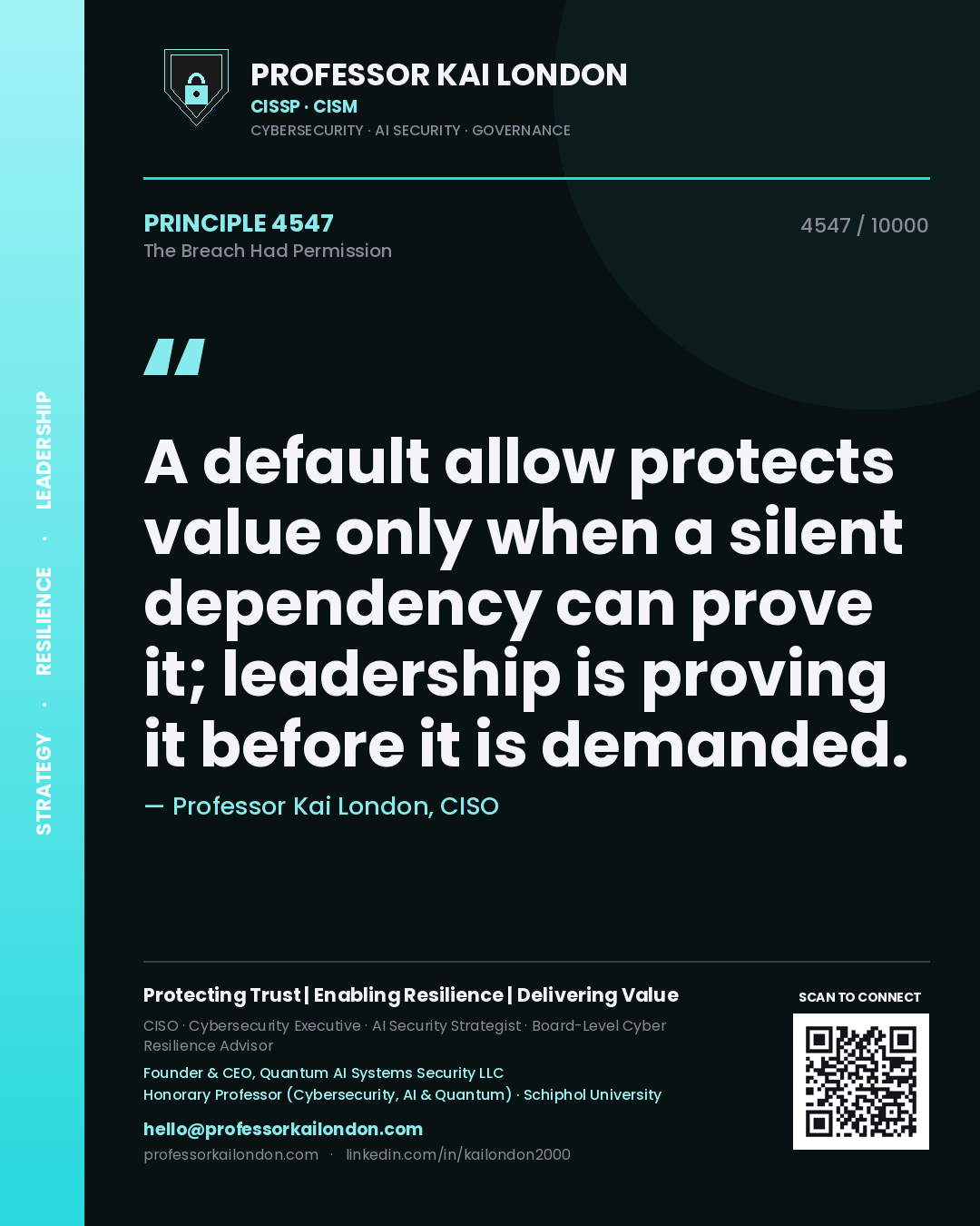 Quote card by Professor Kai London reading 'A default allow protects value only when a silent dependency can prove it; leadership is proving it before it is demanded.'. From the book The Breach Had Permission.