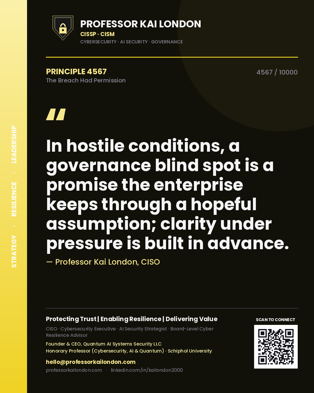 Quote card by Professor Kai London reading 'In hostile conditions, a governance blind spot is a promise the enterprise keeps through a hopeful assumption; clarity under pressure is built in advance.'. From the book The Breach Had Permission.