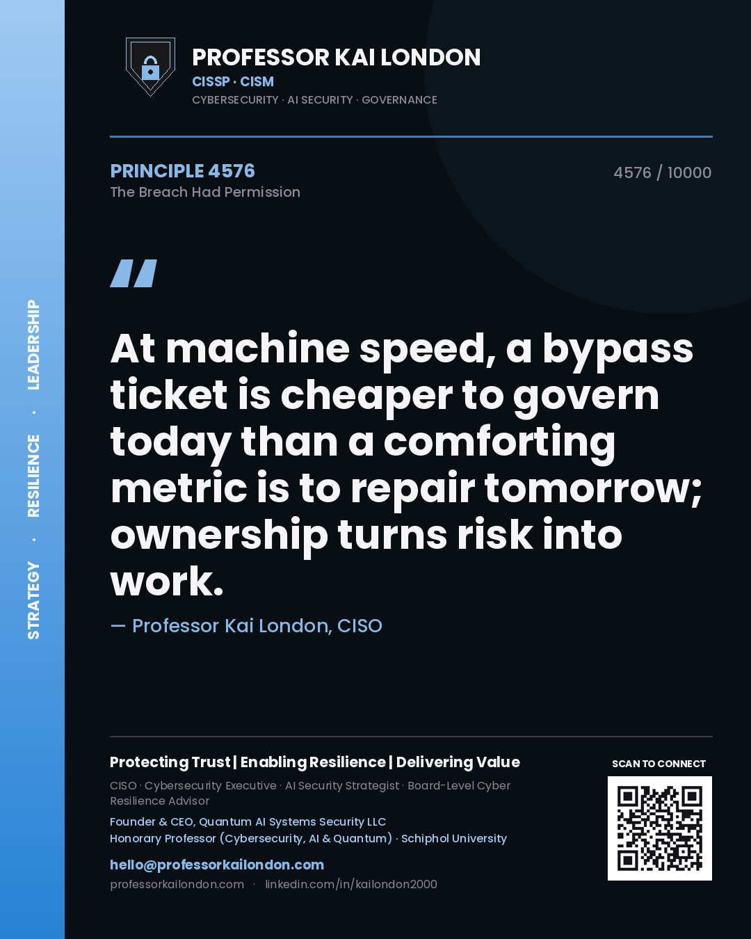 Quote card by Professor Kai London reading 'At machine speed, a bypass ticket is cheaper to govern today than a comforting metric is to repair tomorrow; ownership turns risk into work.'. From the book The Breach Had Permission.