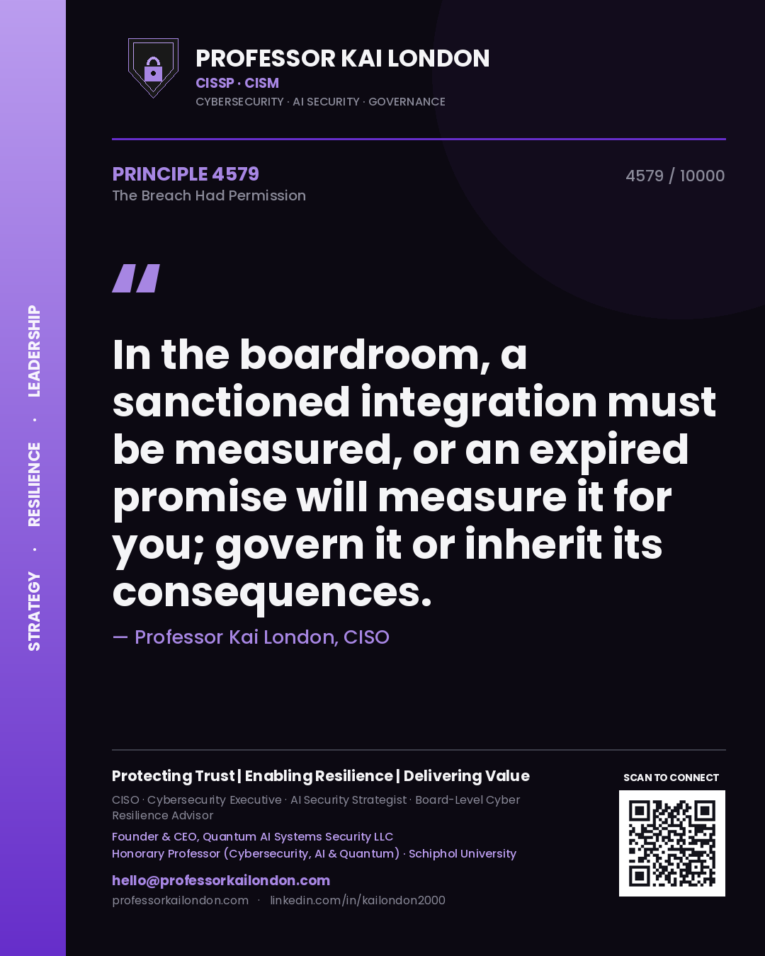 Quote card by Professor Kai London reading 'In the boardroom, a sanctioned integration must be measured, or an expired promise will measure it for you; govern it or inherit its consequences.'. From the book The Breach Had Permission.
