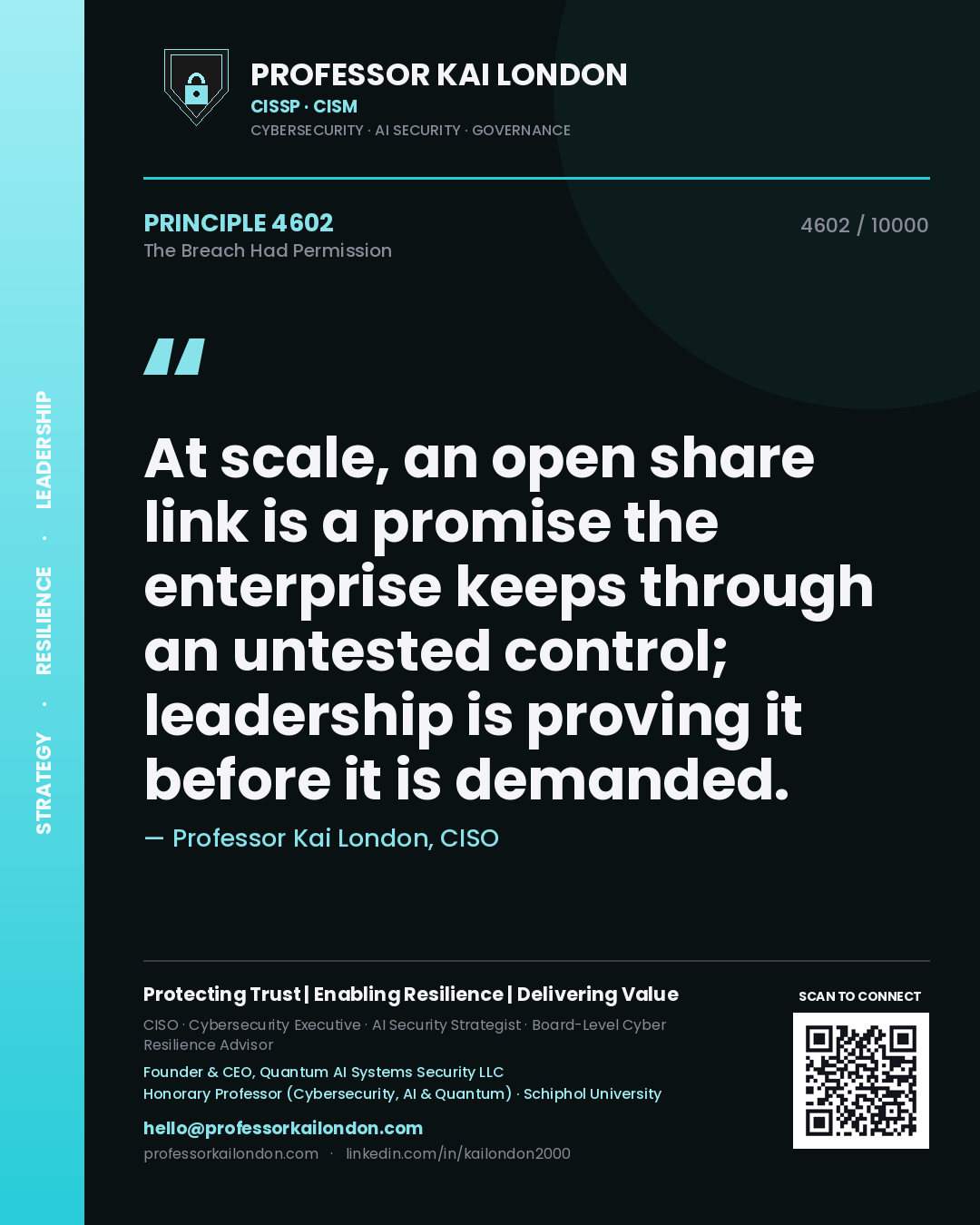 Quote card by Professor Kai London reading 'At scale, an open share link is a promise the enterprise keeps through an untested control; leadership is proving it before it is demanded.'. From the book The Breach Had Permission.