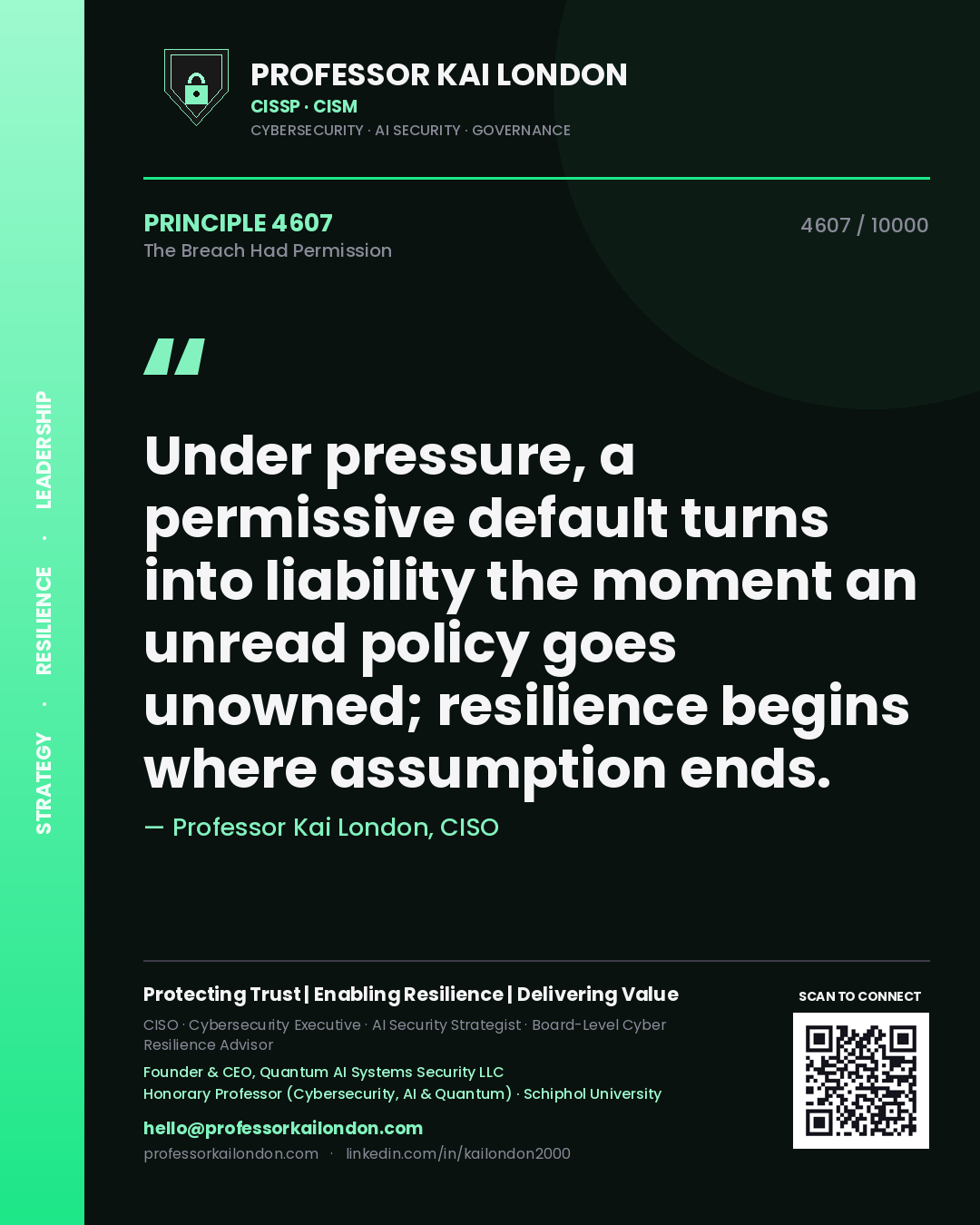 Professor Kai London principle 4607: Under pressure, a permissive default turns into liability the moment an unread policy goes unowned; resilience begins where assumption ends.