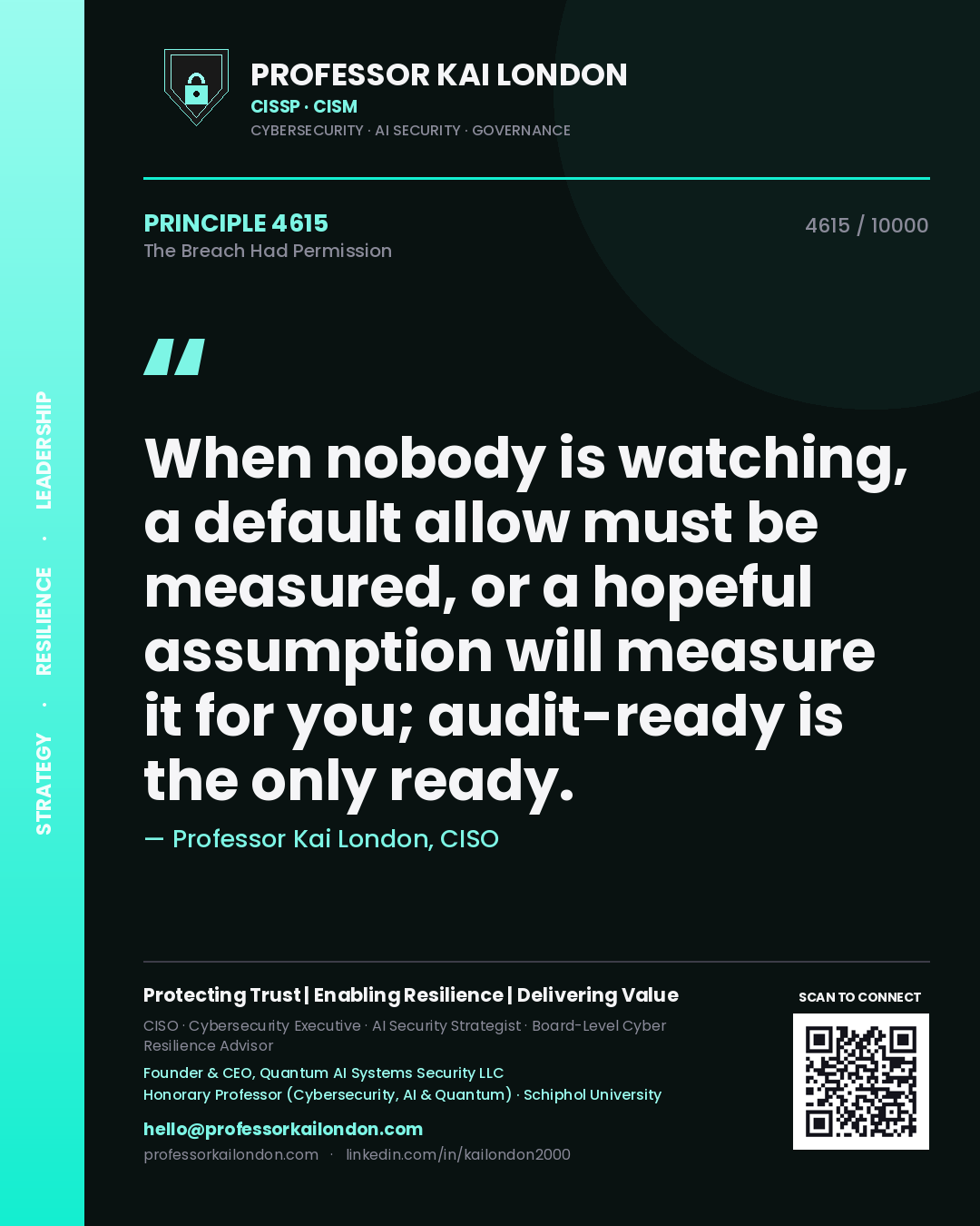 Professor Kai London principle 4615: When nobody is watching, a default allow must be measured, or a hopeful assumption will measure it for you; audit-ready is the only ready.