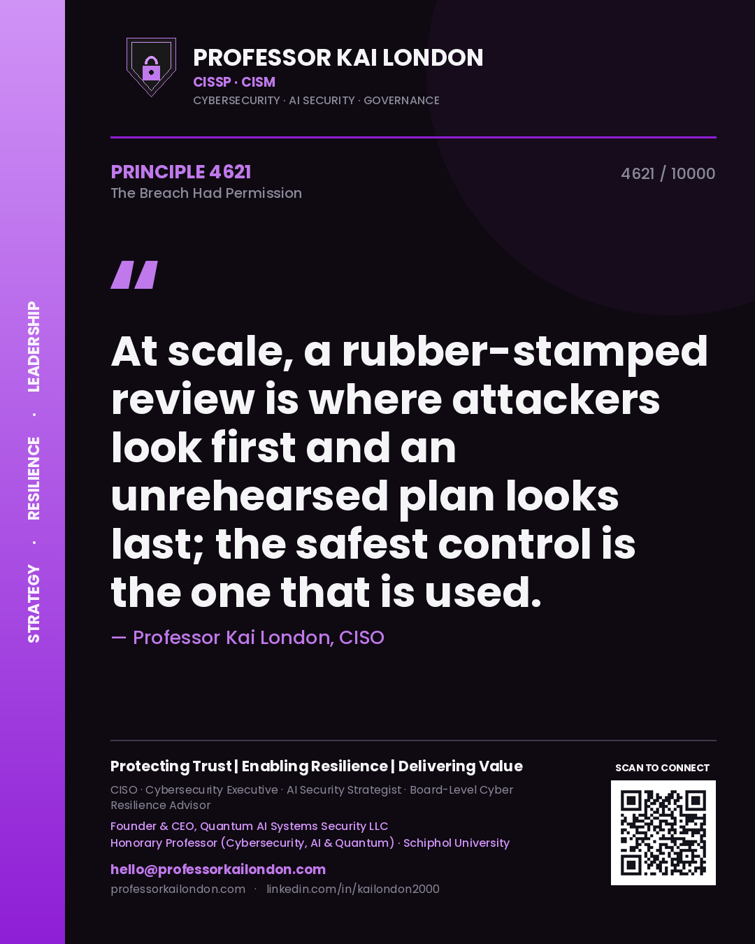 Professor Kai London principle 4621: At scale, a rubber-stamped review is where attackers look first and an unrehearsed plan looks last; the safest control is the one that is used.