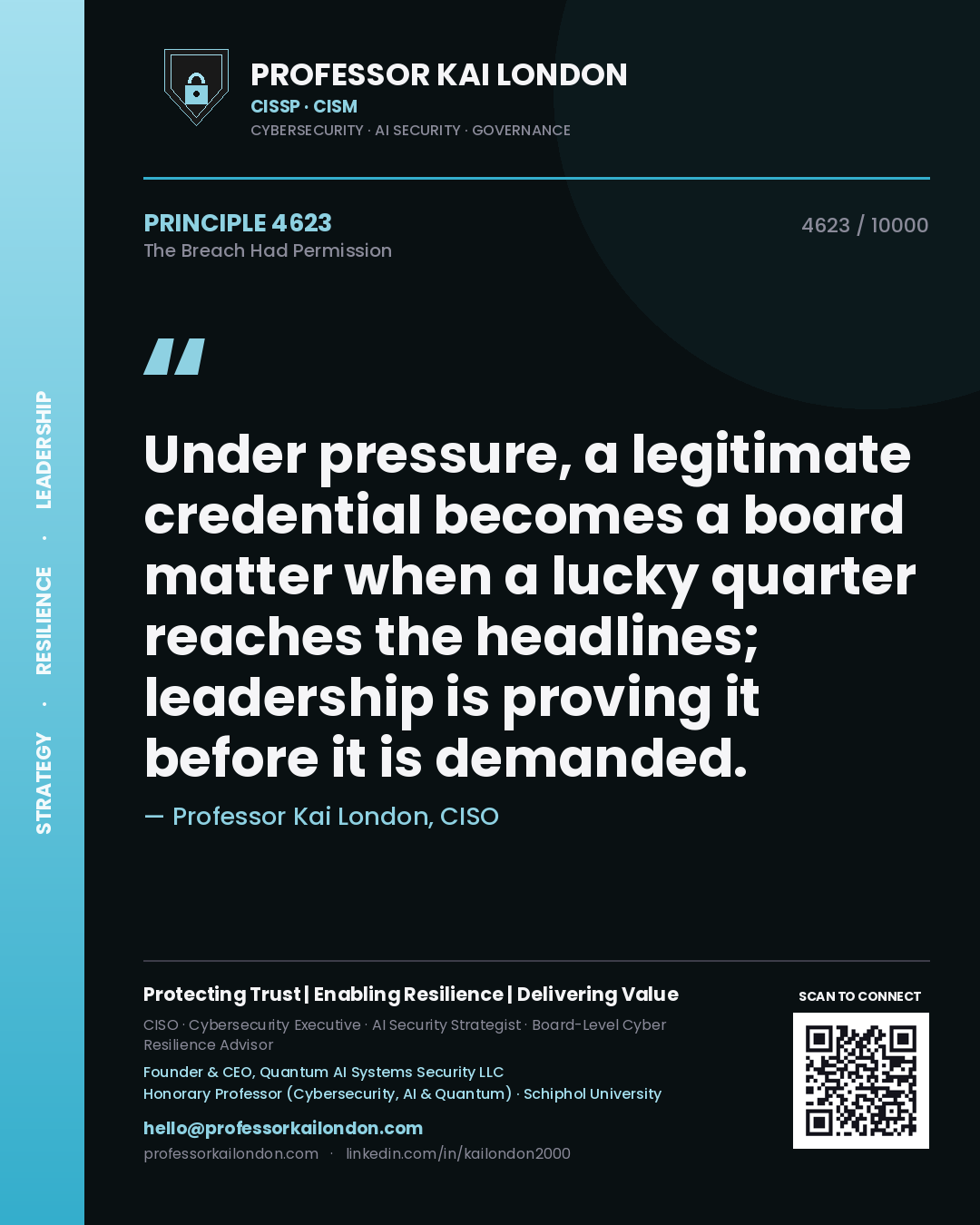 Quote card by Professor Kai London reading 'Under pressure, a legitimate credential becomes a board matter when a lucky quarter reaches the headlines; leadership is proving it before it is demanded.'. From the book The Breach Had Permission.