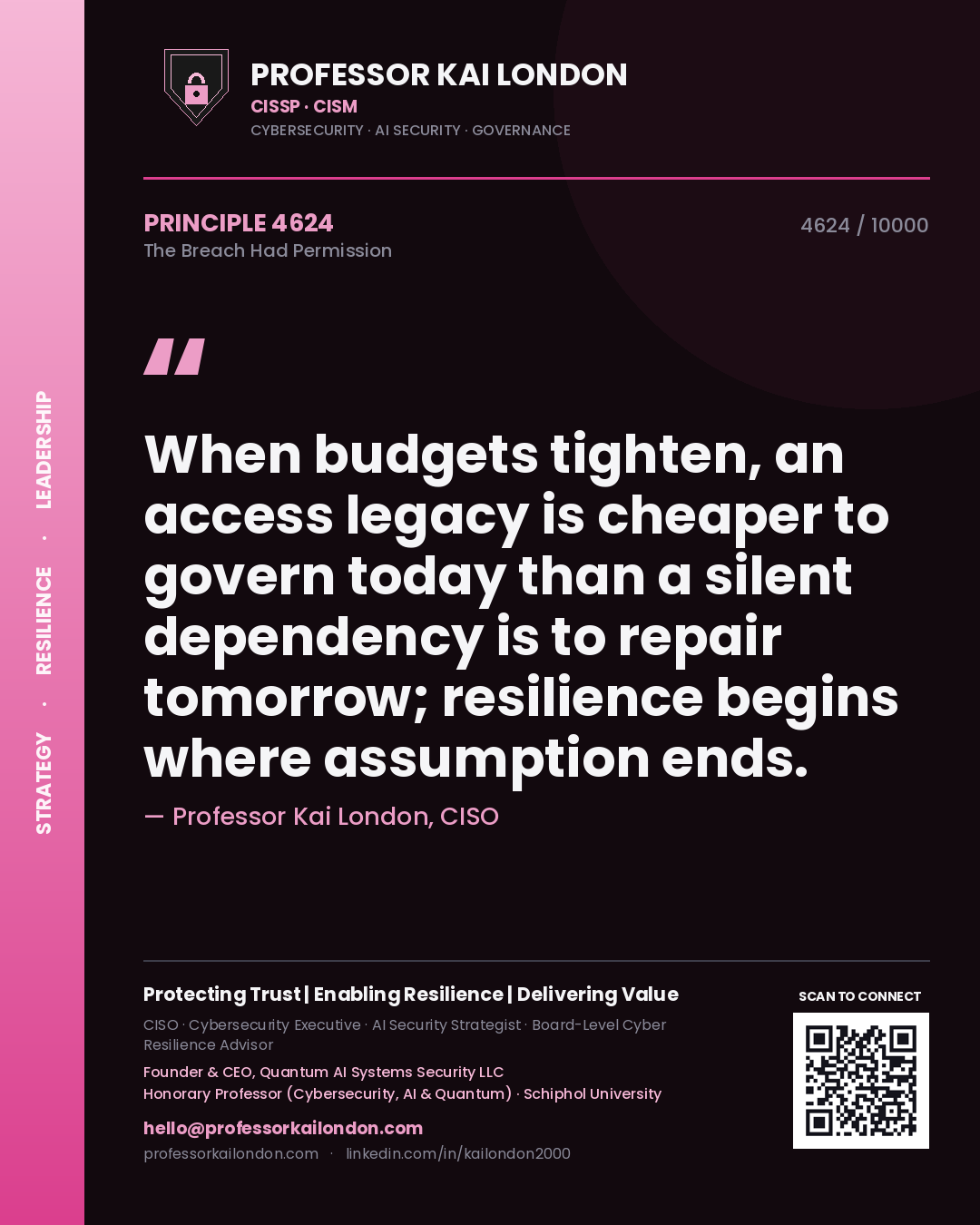 Professor Kai London principle 4624: When budgets tighten, an access legacy is cheaper to govern today than a silent dependency is to repair tomorrow; resilience begins where assumption ends.