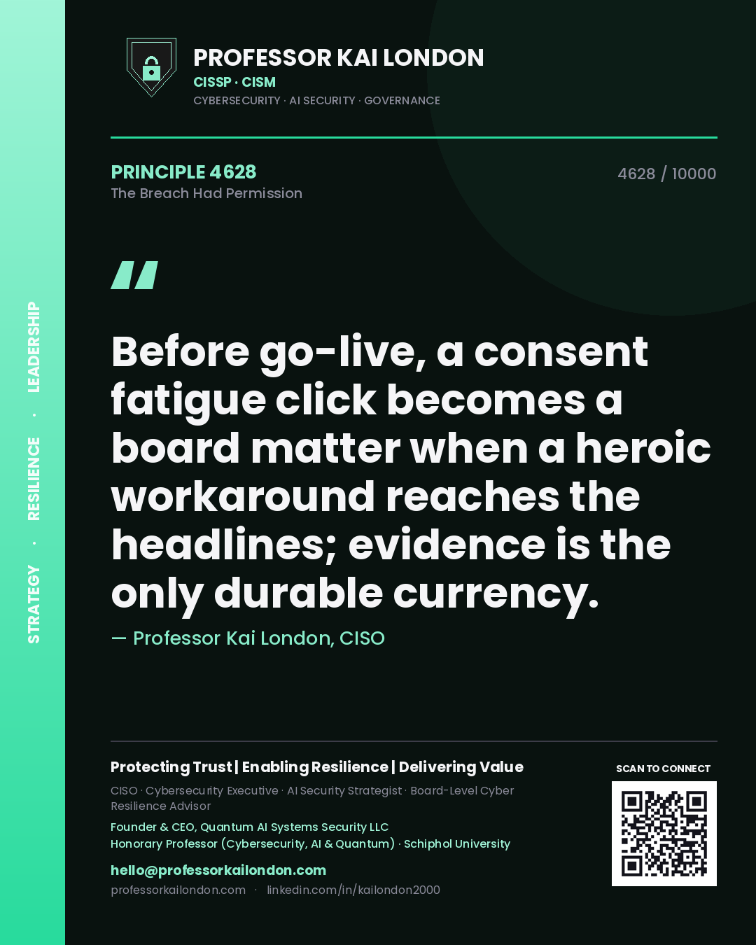 Quote card by Professor Kai London reading 'Before go-live, a consent fatigue click becomes a board matter when a heroic workaround reaches the headlines; evidence is the only durable currency.'. From the book The Breach Had Permission.