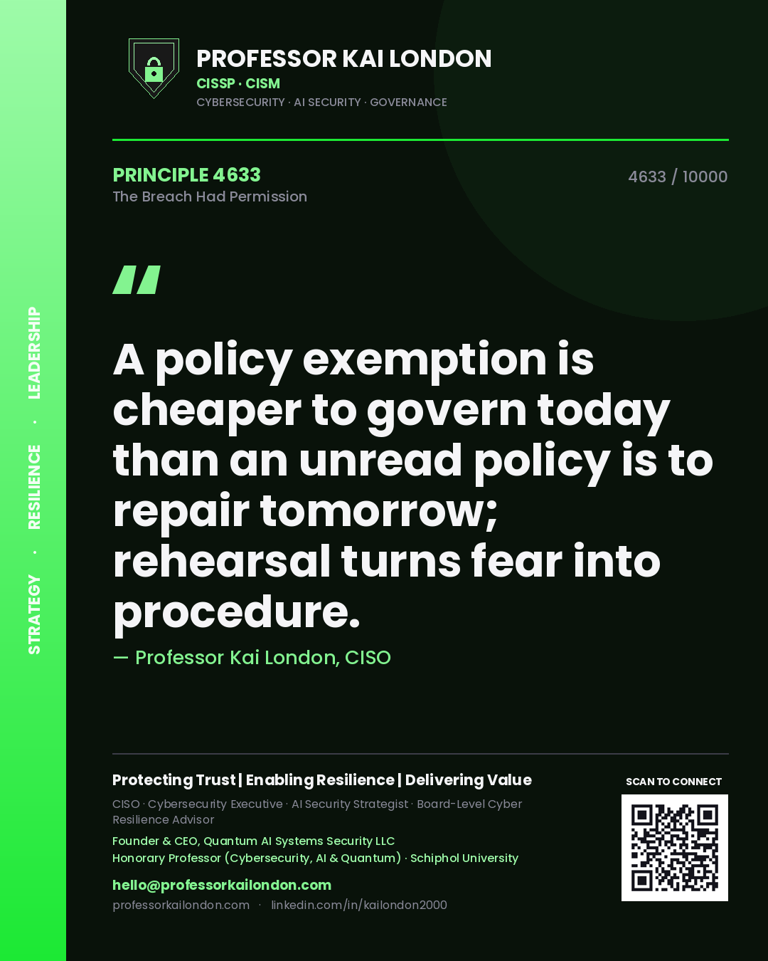 Quote card by Professor Kai London reading 'A policy exemption is cheaper to govern today than an unread policy is to repair tomorrow; rehearsal turns fear into procedure.'. From the book The Breach Had Permission.