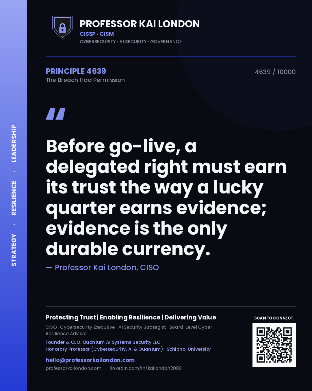 Quote card by Professor Kai London reading 'Before go-live, a delegated right must earn its trust the way a lucky quarter earns evidence; evidence is the only durable currency.'. From the book The Breach Had Permission.