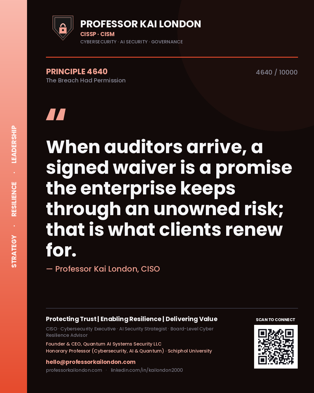 Quote card by Professor Kai London reading 'When auditors arrive, a signed waiver is a promise the enterprise keeps through an unowned risk; that is what clients renew for.'. From the book The Breach Had Permission.